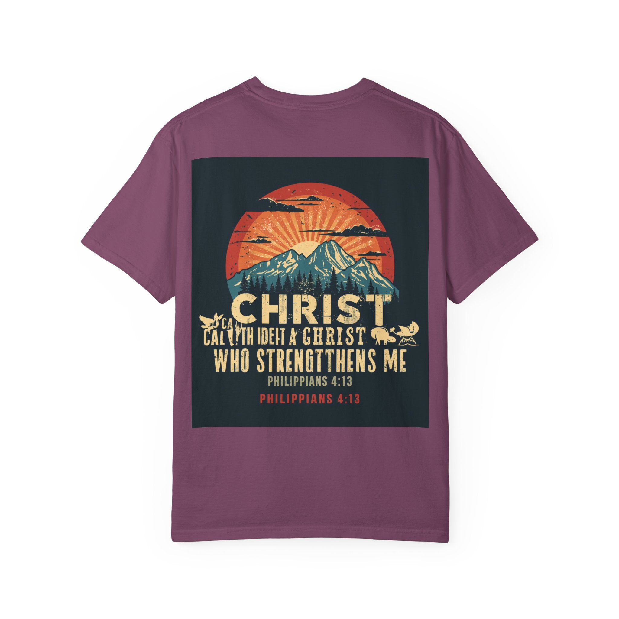 Christian Mountain T-Shirt — "I Can Do All Things Through Christ" Philippians 4:13 Vintage Sunset