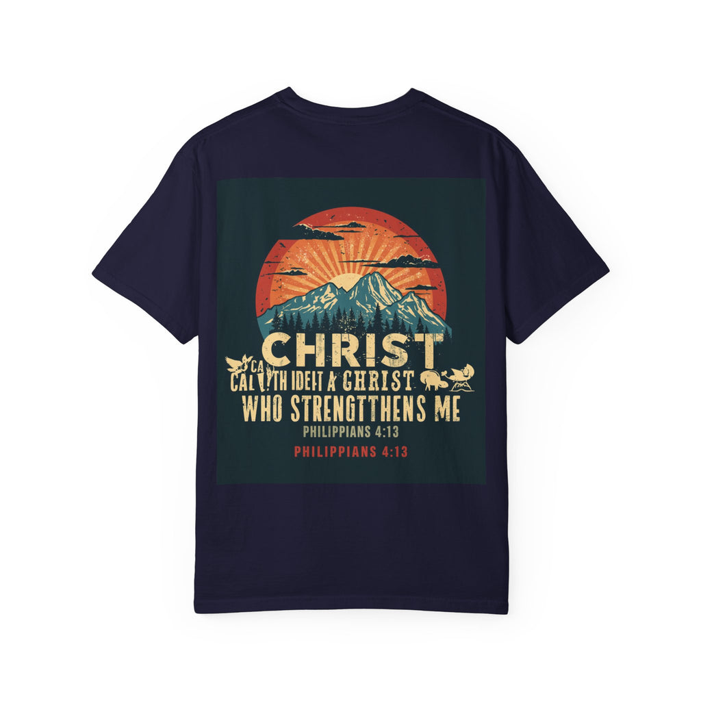 Christian Mountain T-Shirt — "I Can Do All Things Through Christ" Philippians 4:13 Vintage Sunset