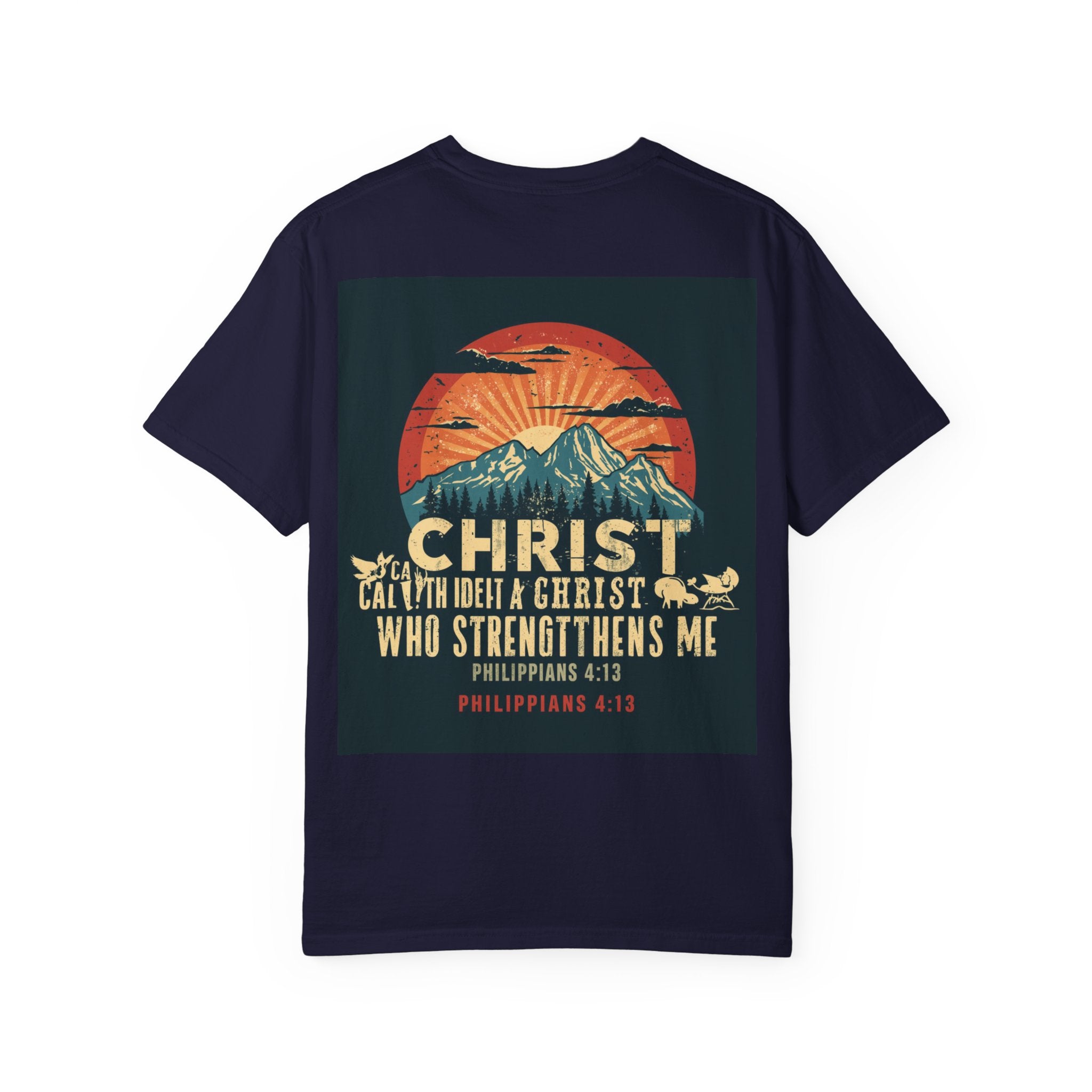 Christian Mountain T-Shirt — "I Can Do All Things Through Christ" Philippians 4:13 Vintage Sunset