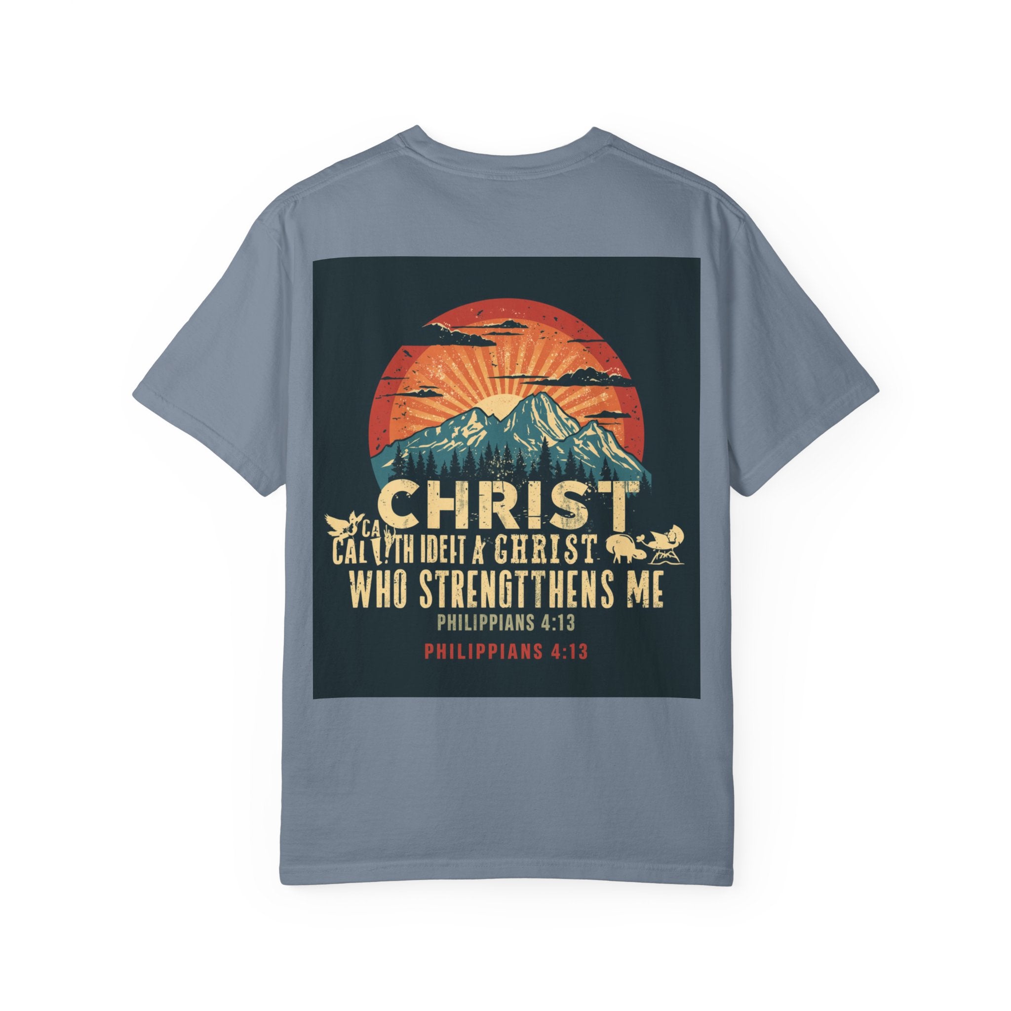 Christian Mountain T-Shirt — "I Can Do All Things Through Christ" Philippians 4:13 Vintage Sunset