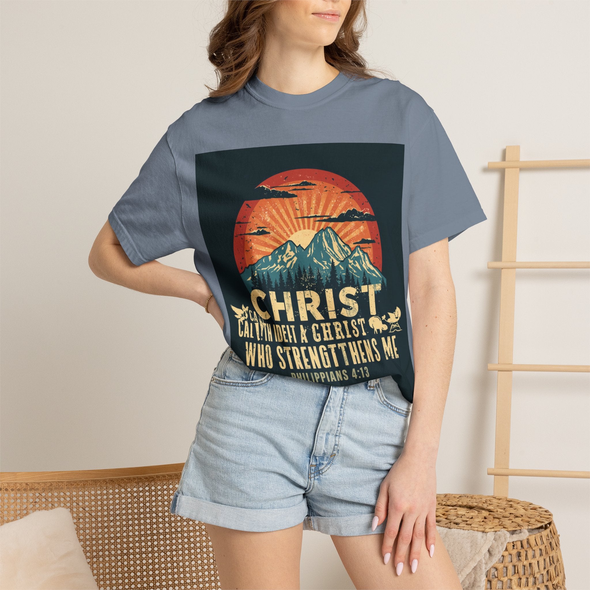 Christian Mountain T-Shirt — "I Can Do All Things Through Christ" Philippians 4:13 Vintage Sunset