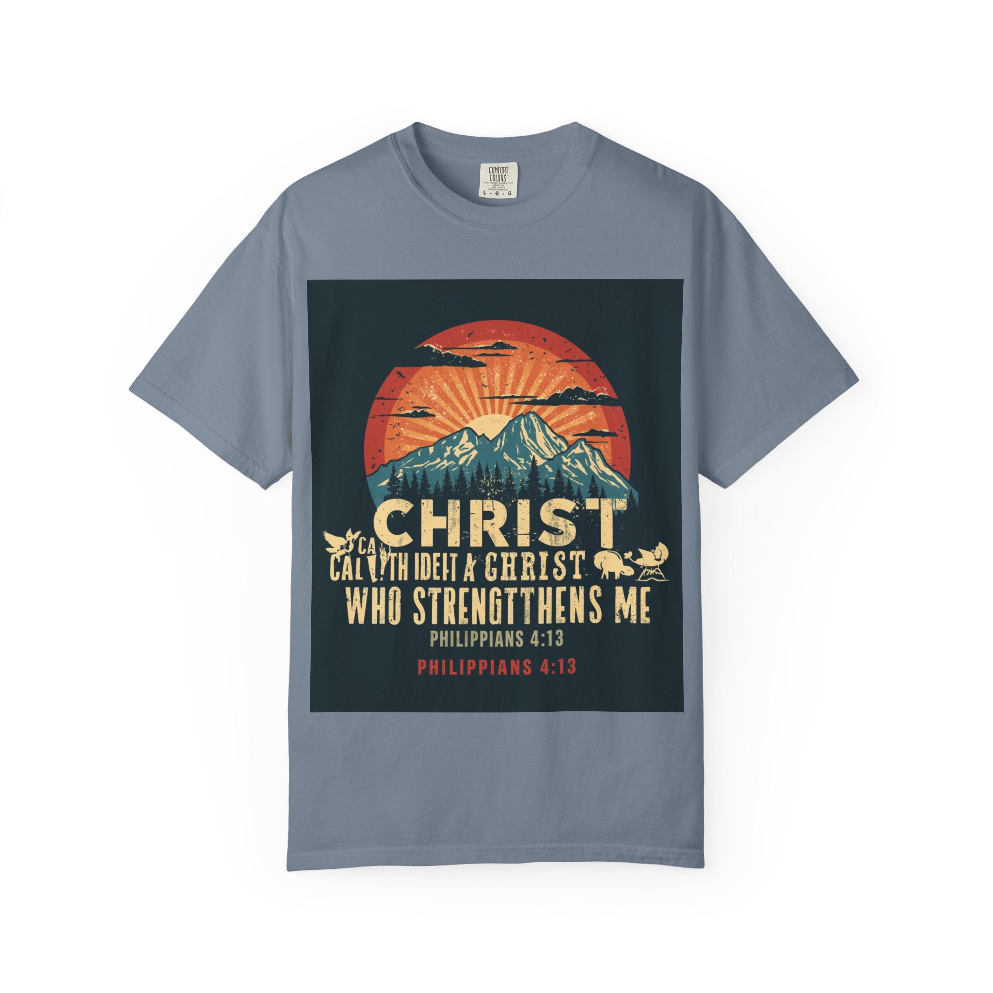 Christian Mountain T-Shirt — "I Can Do All Things Through Christ" Philippians 4:13 Vintage Sunset