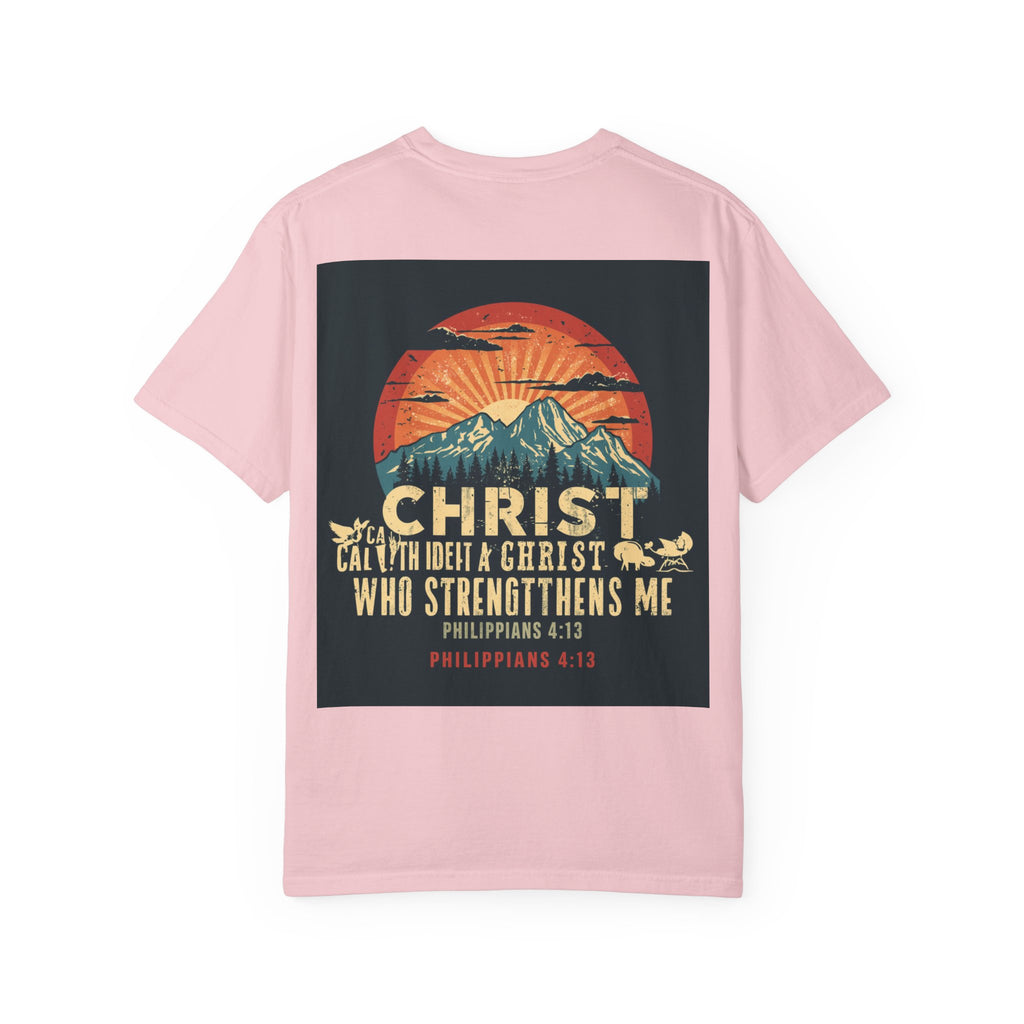 Christian Mountain T-Shirt — "I Can Do All Things Through Christ" Philippians 4:13 Vintage Sunset