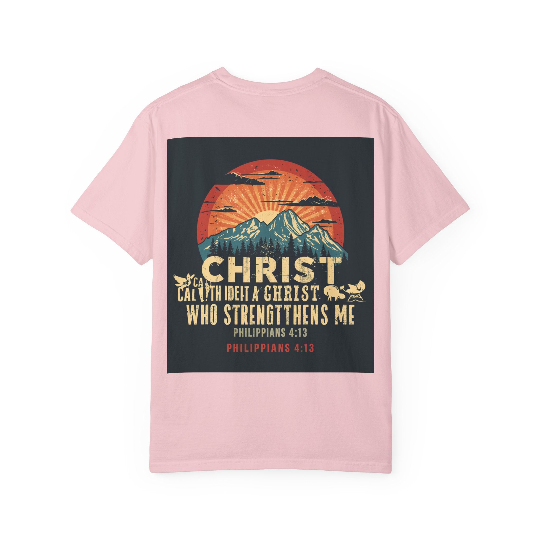Christian Mountain T-Shirt — "I Can Do All Things Through Christ" Philippians 4:13 Vintage Sunset