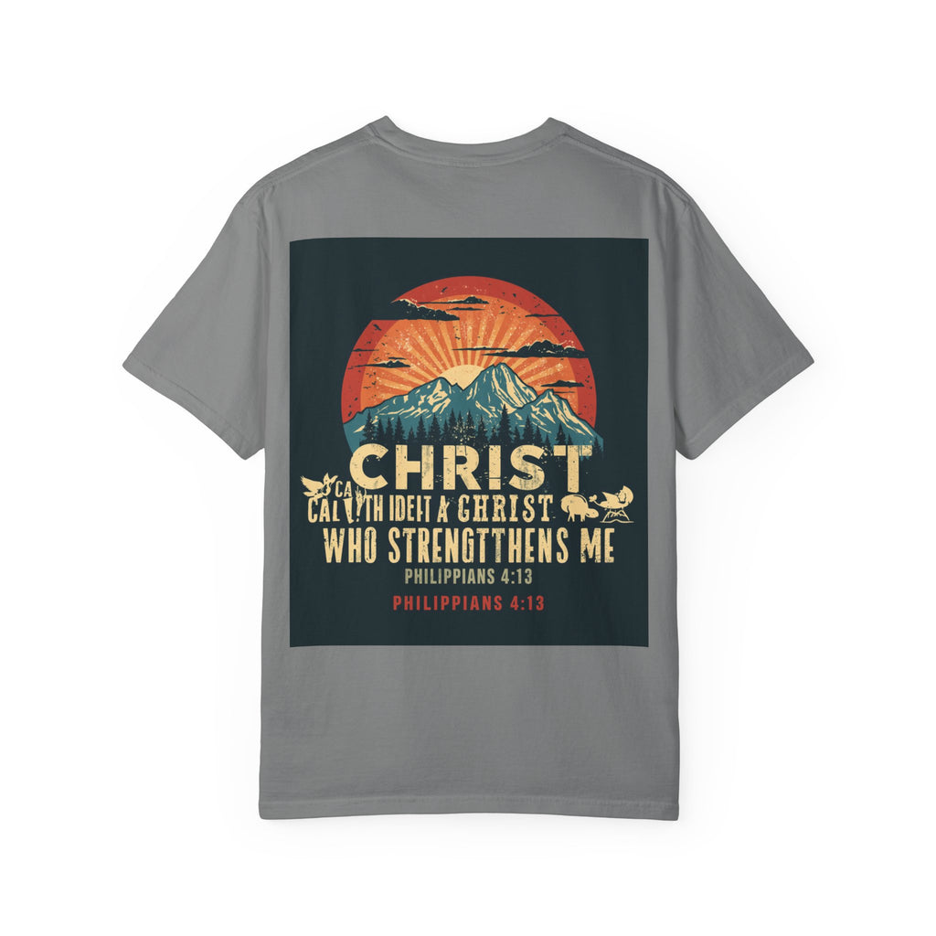 Christian Mountain T-Shirt — "I Can Do All Things Through Christ" Philippians 4:13 Vintage Sunset