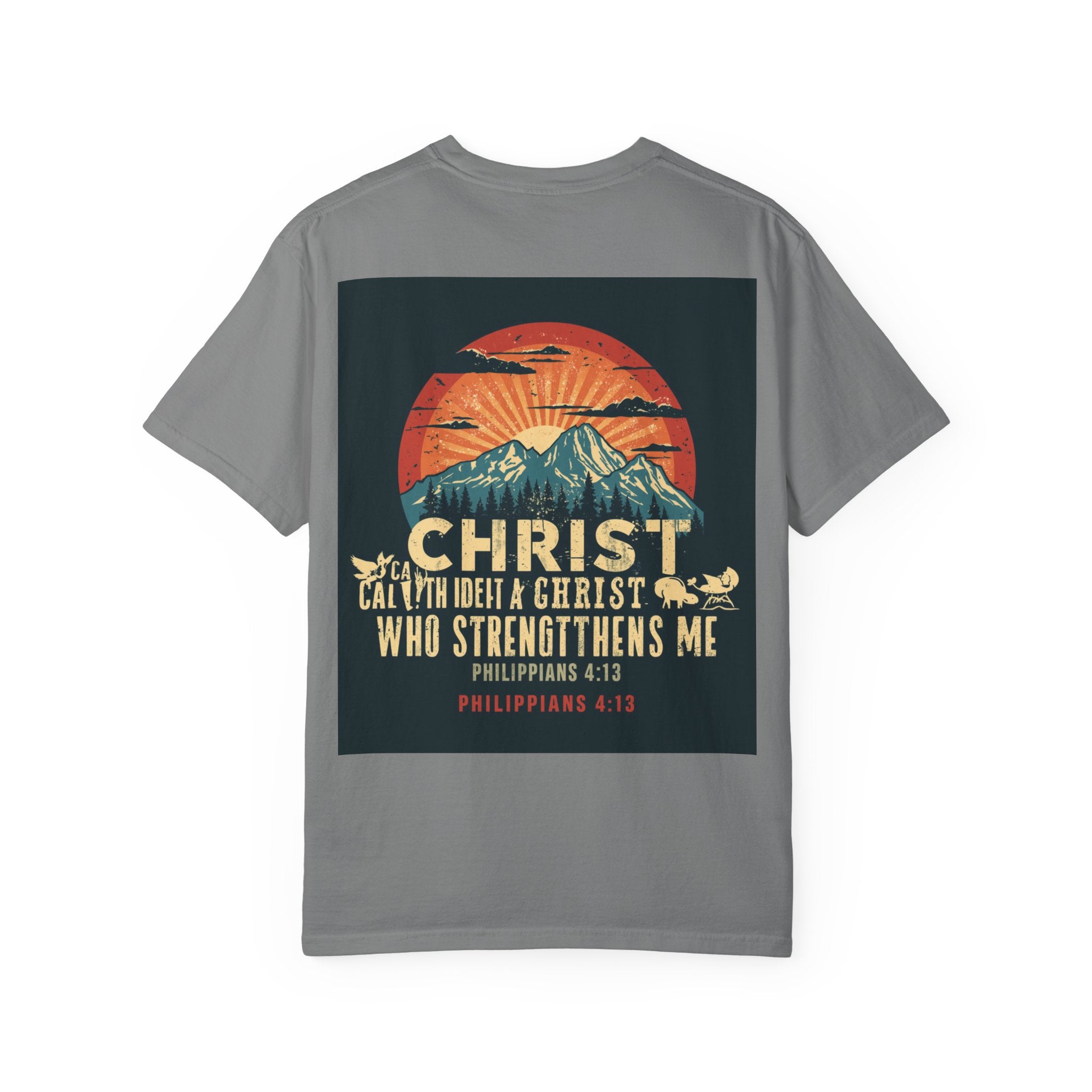 Christian Mountain T-Shirt — "I Can Do All Things Through Christ" Philippians 4:13 Vintage Sunset