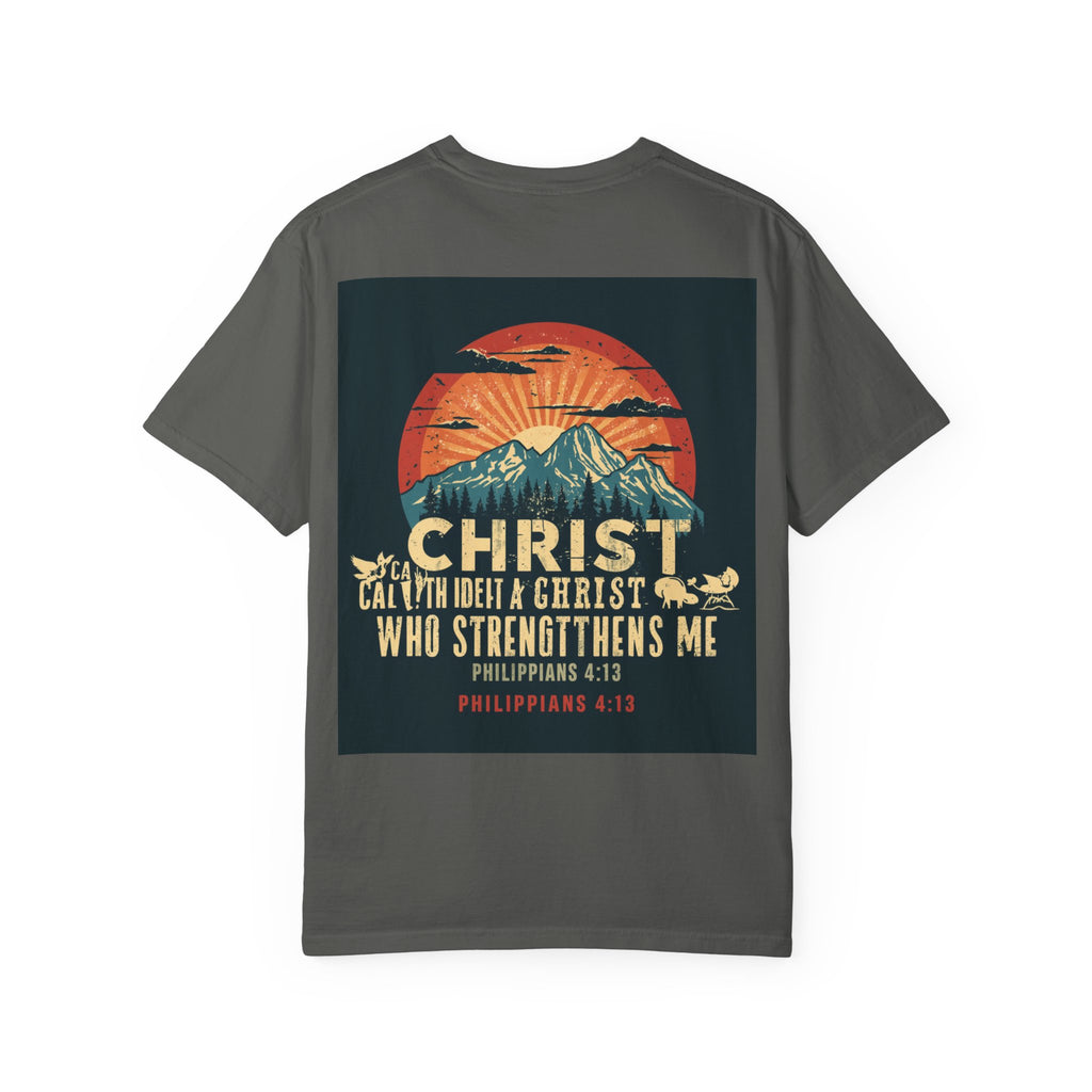 Christian Mountain T-Shirt — "I Can Do All Things Through Christ" Philippians 4:13 Vintage Sunset