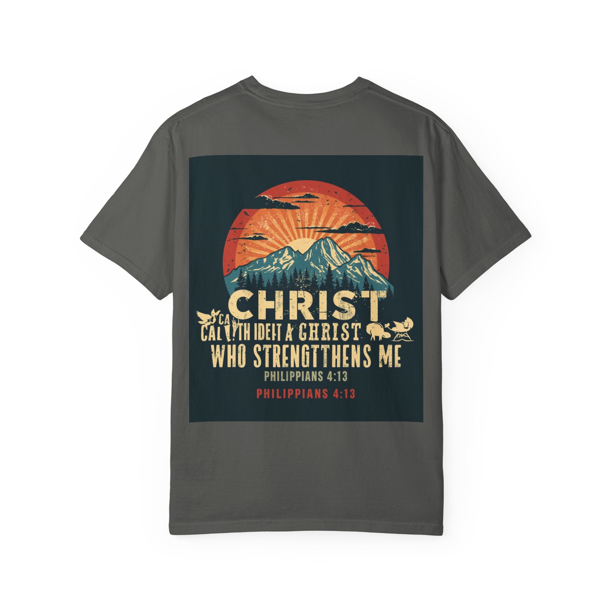 Christian Mountain T-Shirt — "I Can Do All Things Through Christ" Philippians 4:13 Vintage Sunset