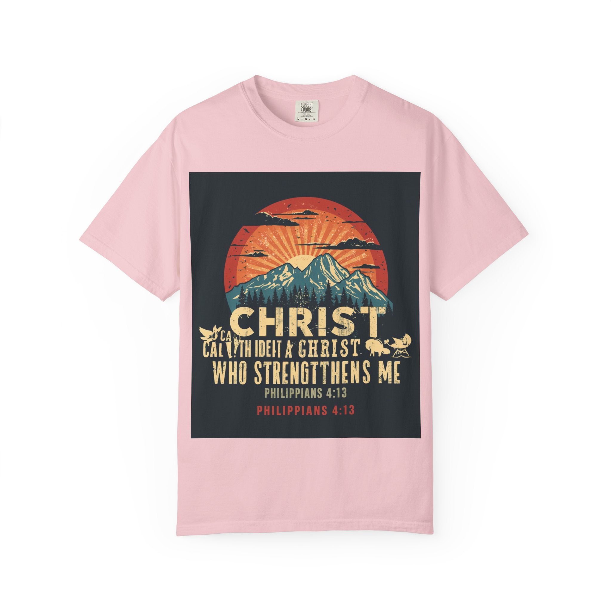 Christian Mountain T-Shirt — "I Can Do All Things Through Christ" Philippians 4:13 Vintage Sunset