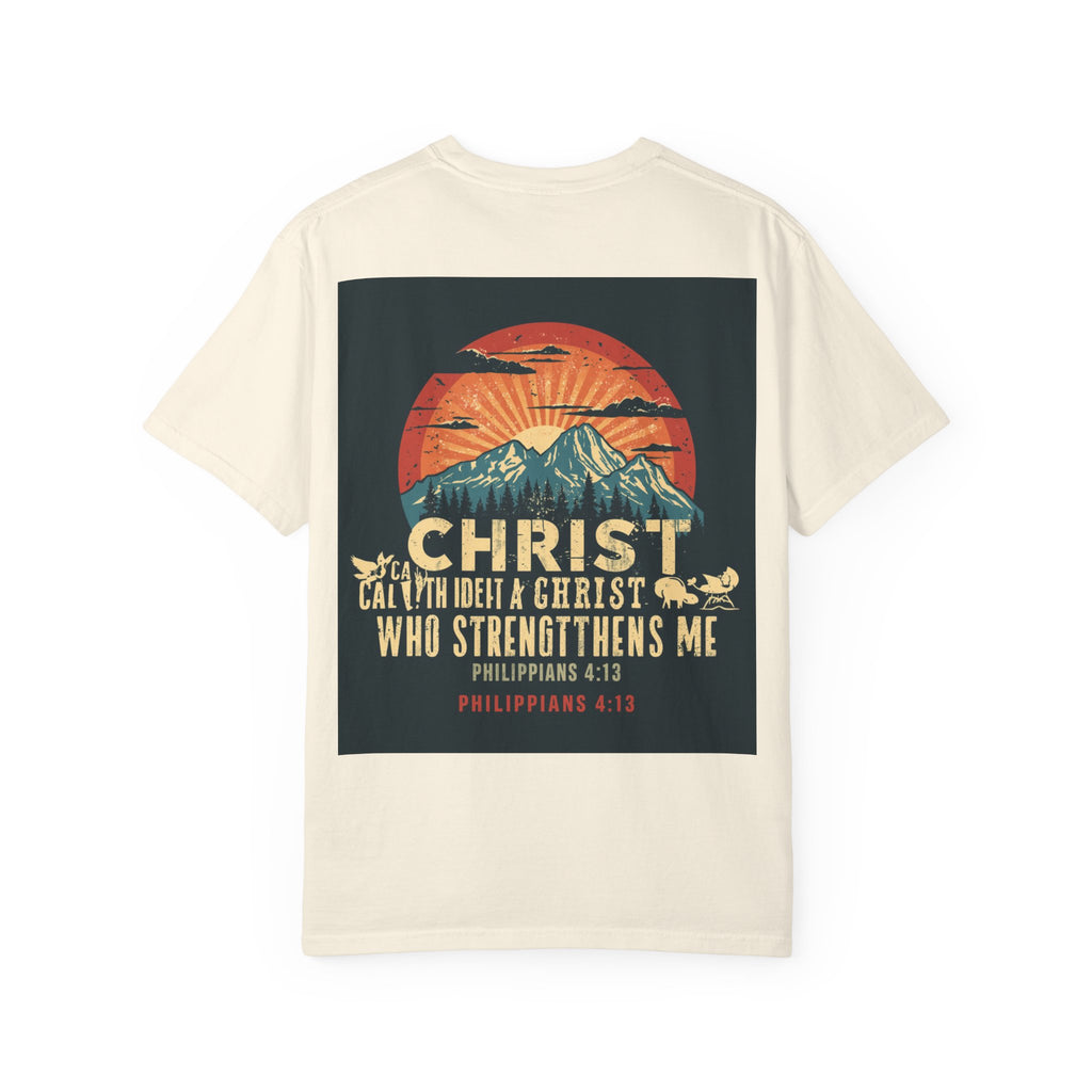 Christian Mountain T-Shirt — "I Can Do All Things Through Christ" Philippians 4:13 Vintage Sunset