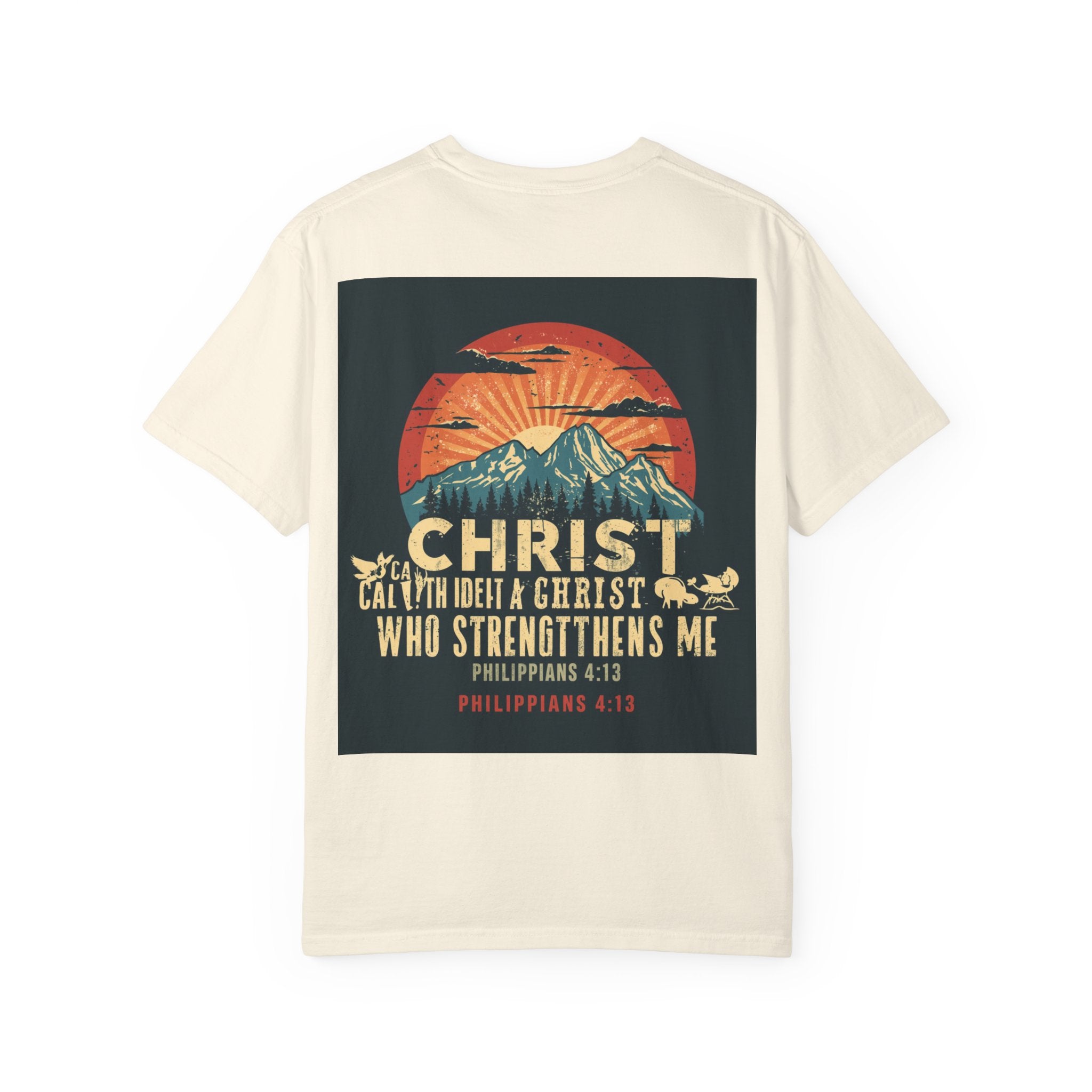 Christian Mountain T-Shirt — "I Can Do All Things Through Christ" Philippians 4:13 Vintage Sunset