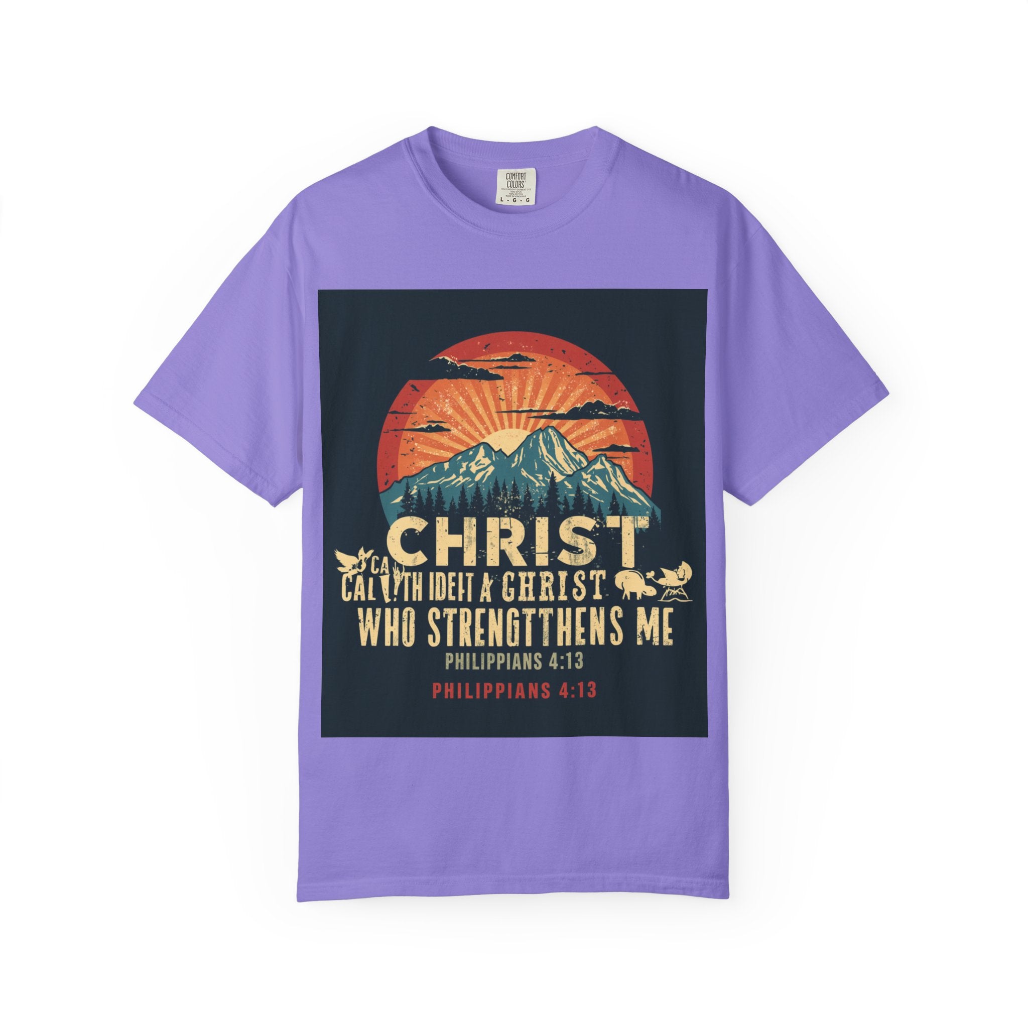 Christian Mountain T-Shirt — "I Can Do All Things Through Christ" Philippians 4:13 Vintage Sunset