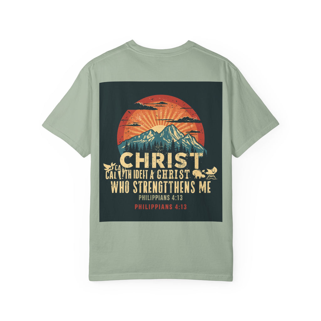 Christian Mountain T-Shirt — "I Can Do All Things Through Christ" Philippians 4:13 Vintage Sunset