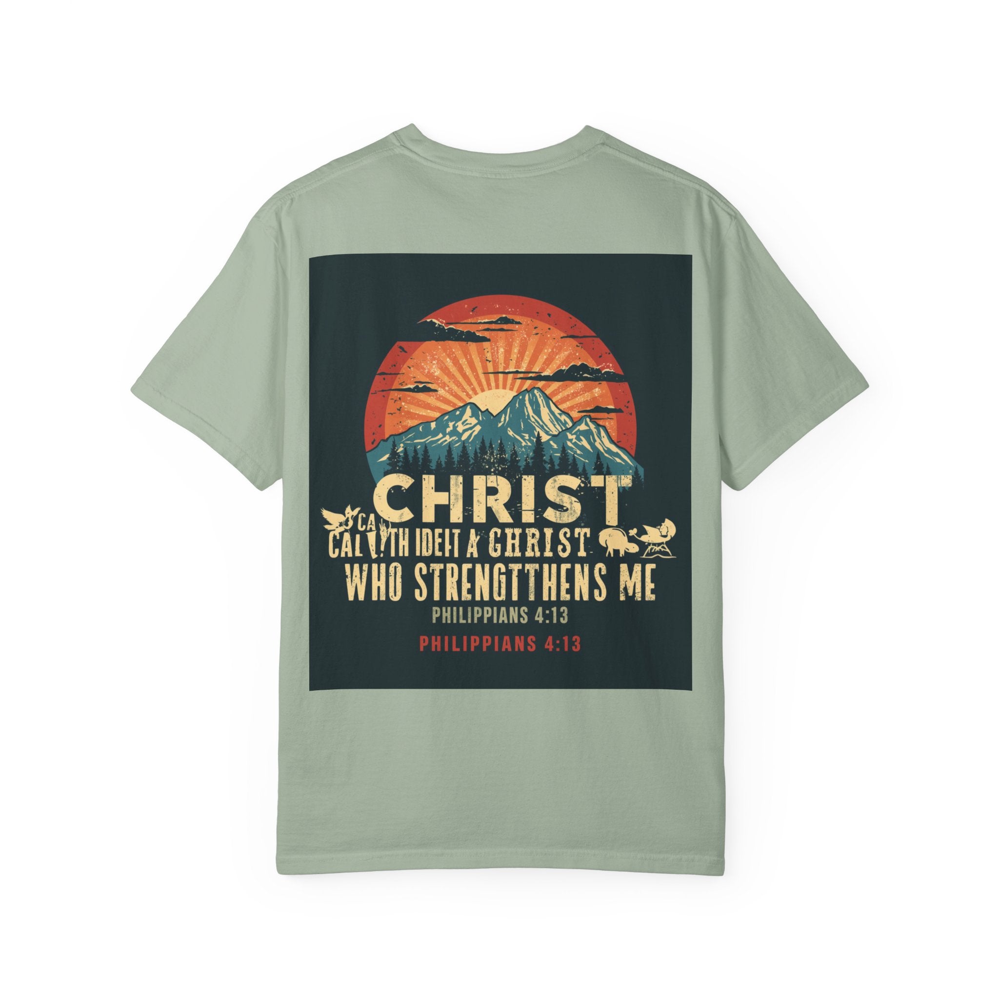 Christian Mountain T-Shirt — "I Can Do All Things Through Christ" Philippians 4:13 Vintage Sunset
