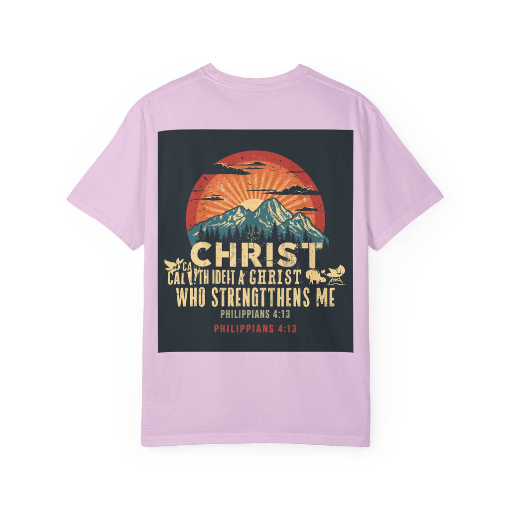 Christian Mountain T-Shirt — "I Can Do All Things Through Christ" Philippians 4:13 Vintage Sunset