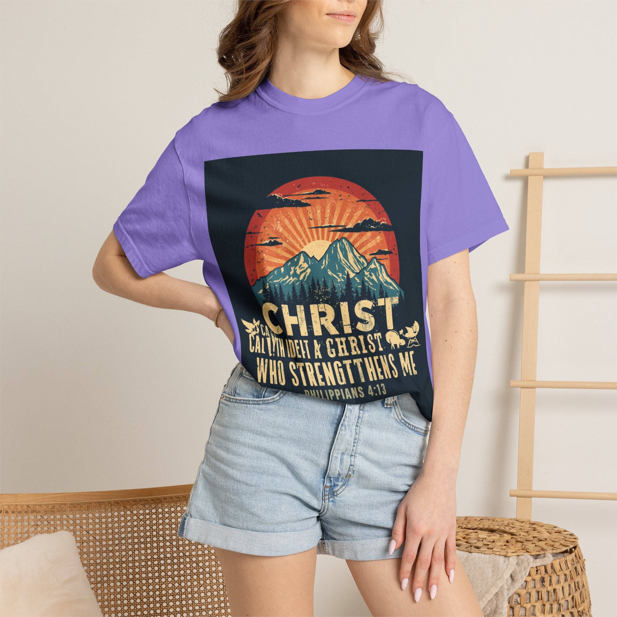 Christian Mountain T-Shirt — "I Can Do All Things Through Christ" Philippians 4:13 Vintage Sunset