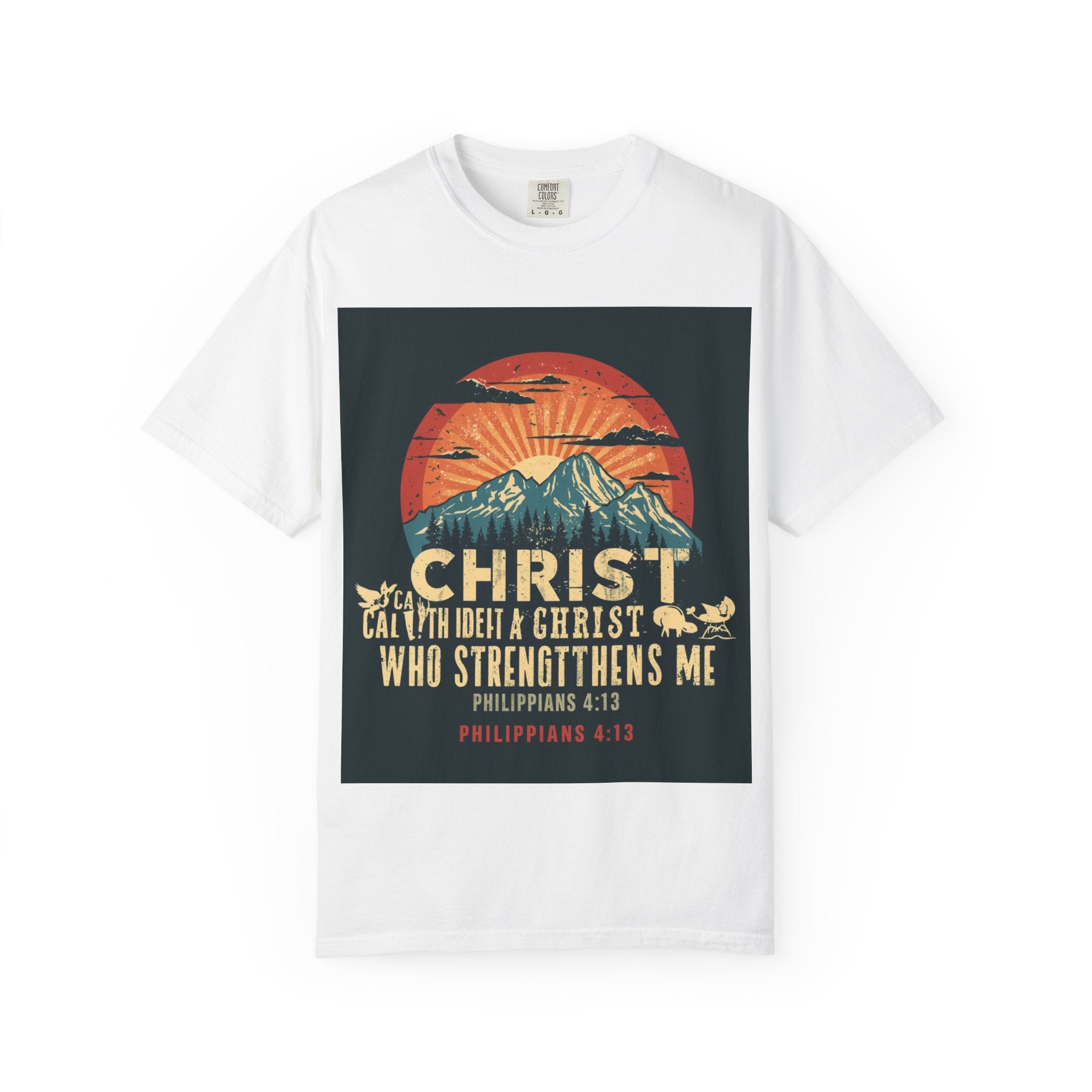 Christian Mountain T-Shirt — "I Can Do All Things Through Christ" Philippians 4:13 Vintage Sunset