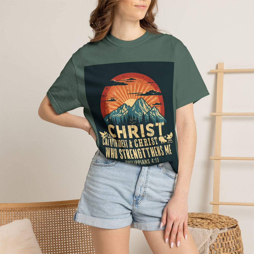 Christian Mountain T-Shirt — "I Can Do All Things Through Christ" Philippians 4:13 Vintage Sunset