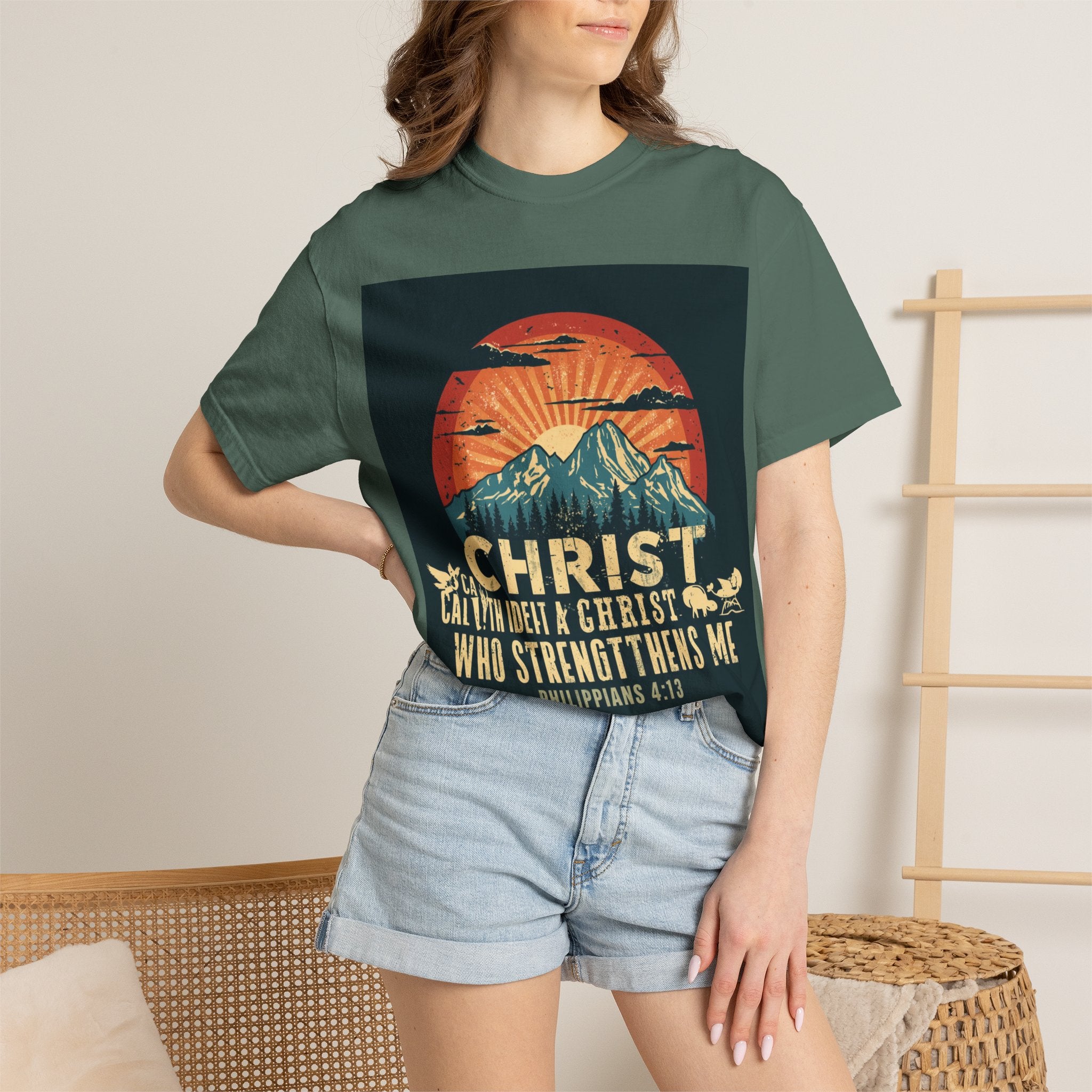 Christian Mountain T-Shirt — "I Can Do All Things Through Christ" Philippians 4:13 Vintage Sunset