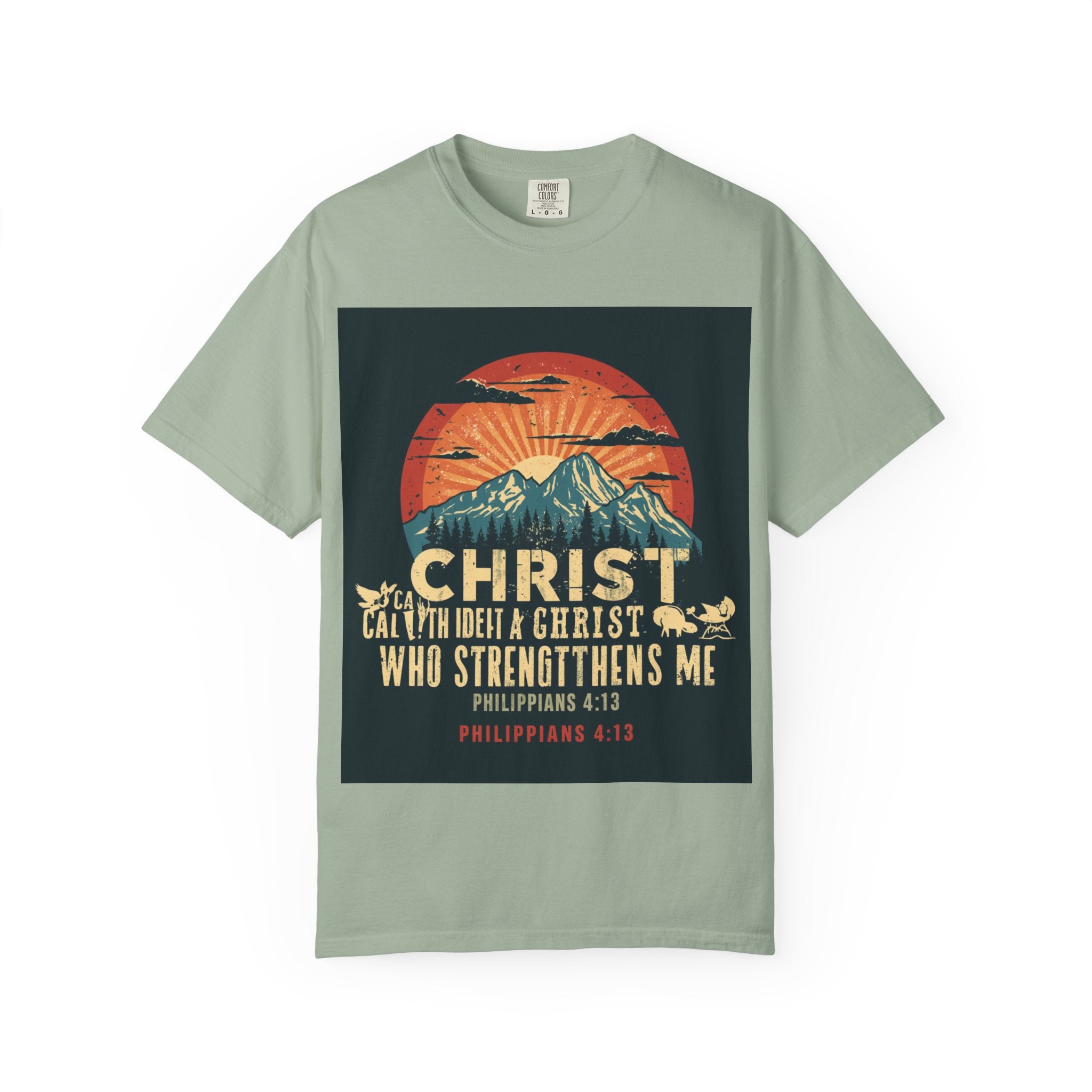 Christian Mountain T-Shirt — "I Can Do All Things Through Christ" Philippians 4:13 Vintage Sunset
