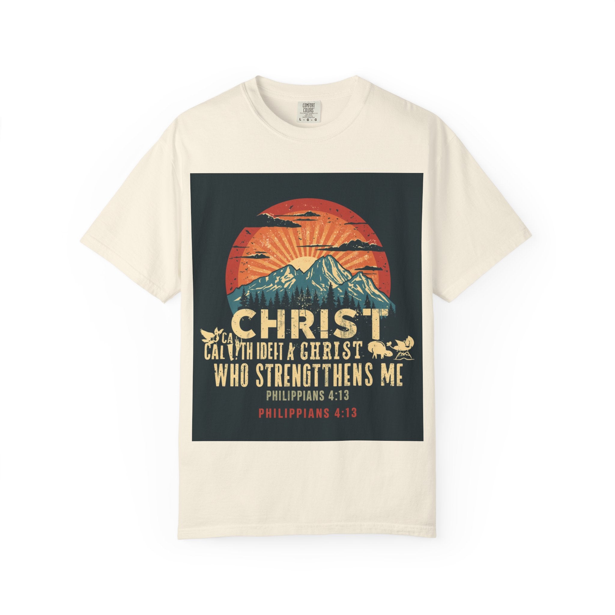 Christian Mountain T-Shirt — "I Can Do All Things Through Christ" Philippians 4:13 Vintage Sunset