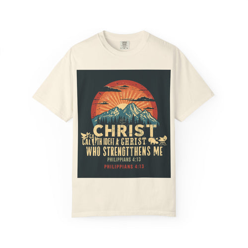 Christian Mountain T-Shirt — "I Can Do All Things Through Christ" Philippians 4:13 Vintage Sunset