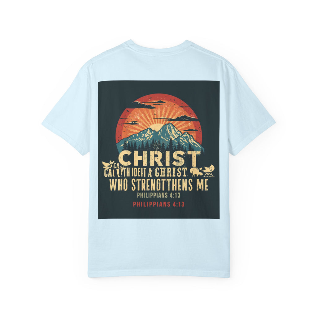 Christian Mountain T-Shirt — "I Can Do All Things Through Christ" Philippians 4:13 Vintage Sunset