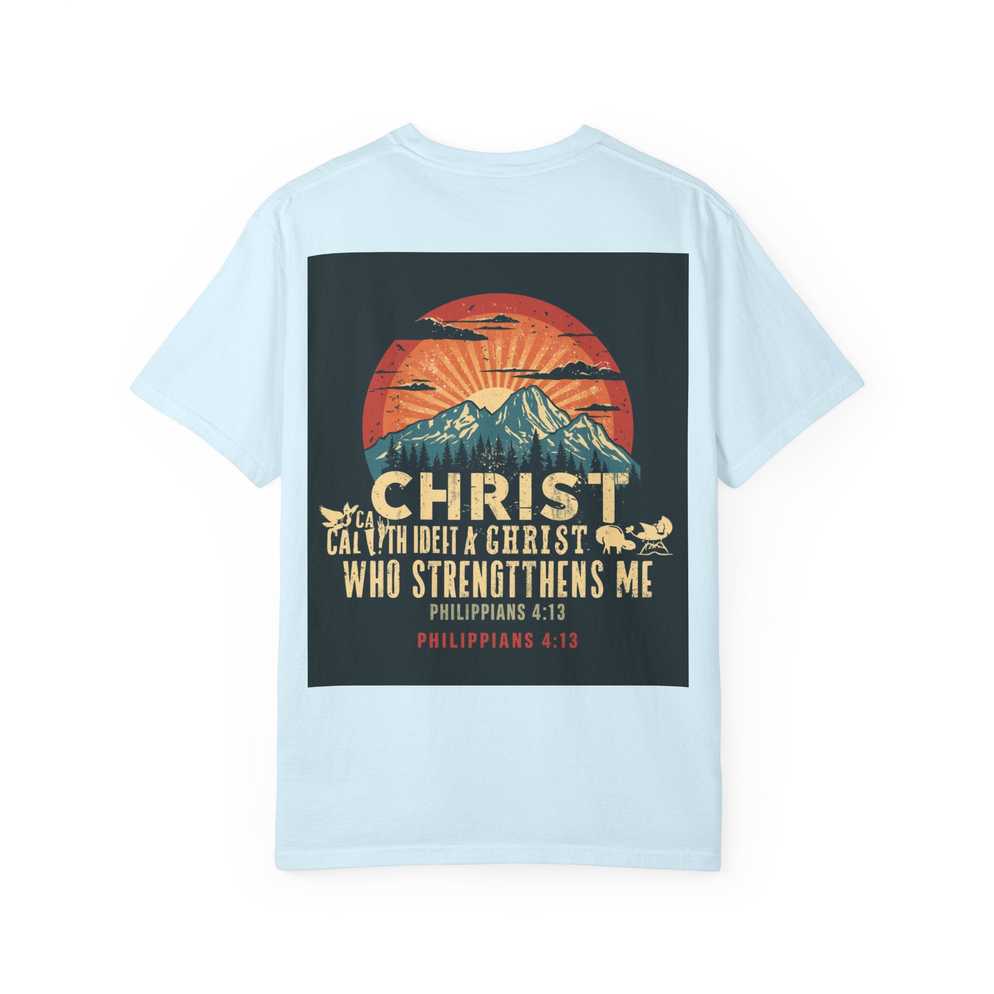Christian Mountain T-Shirt — "I Can Do All Things Through Christ" Philippians 4:13 Vintage Sunset