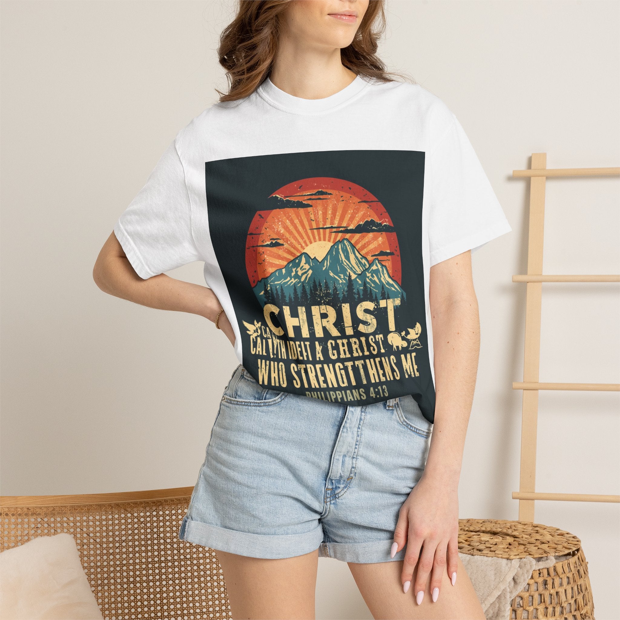 Christian Mountain T-Shirt — "I Can Do All Things Through Christ" Philippians 4:13 Vintage Sunset