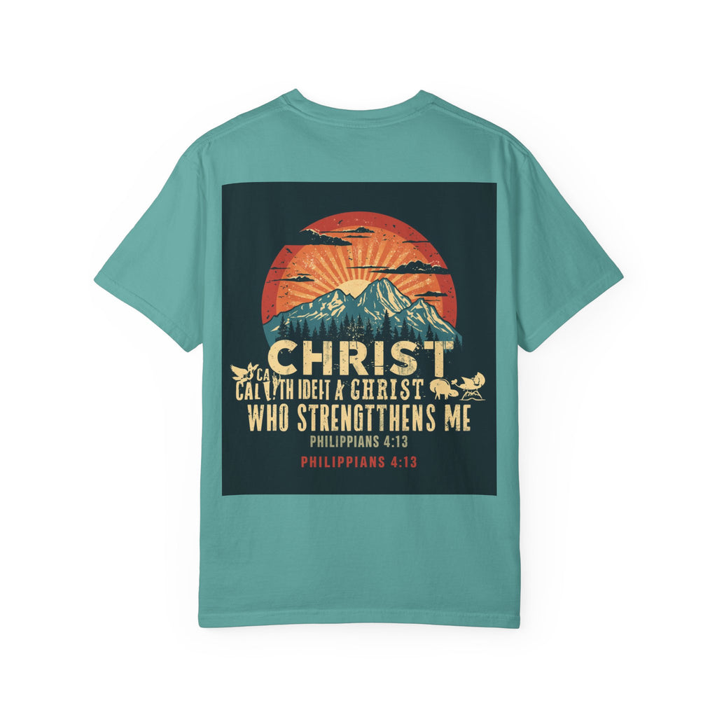 Christian Mountain T-Shirt — "I Can Do All Things Through Christ" Philippians 4:13 Vintage Sunset