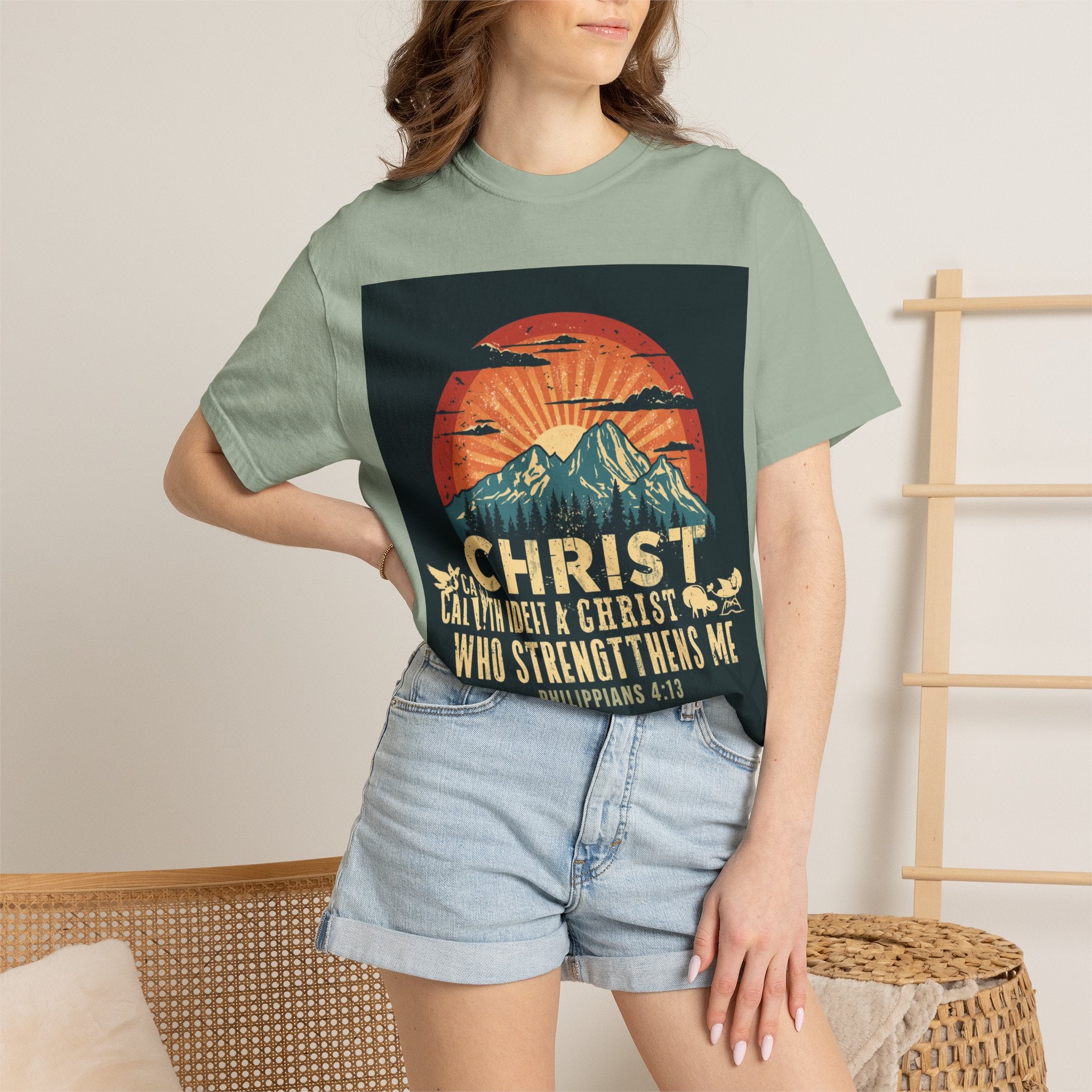 Christian Mountain T-Shirt — "I Can Do All Things Through Christ" Philippians 4:13 Vintage Sunset