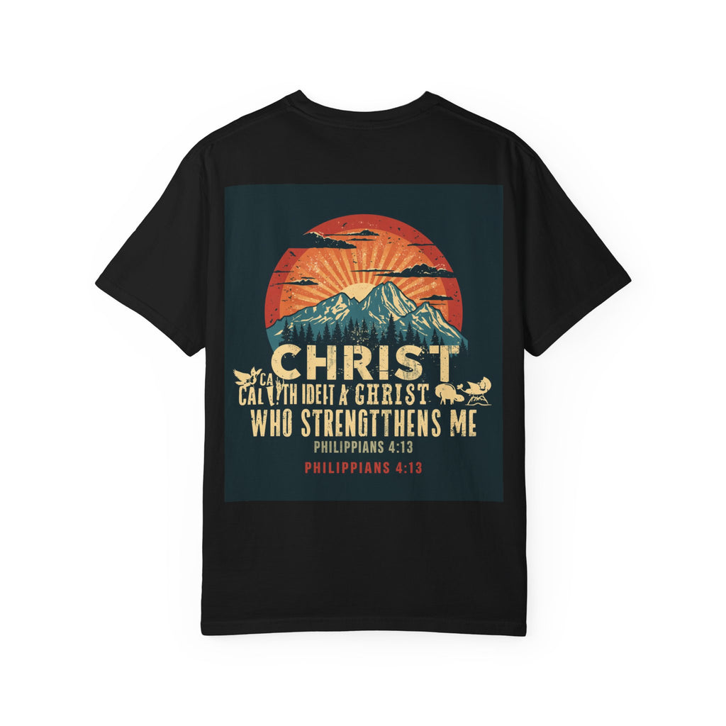 Christian Mountain T-Shirt — "I Can Do All Things Through Christ" Philippians 4:13 Vintage Sunset