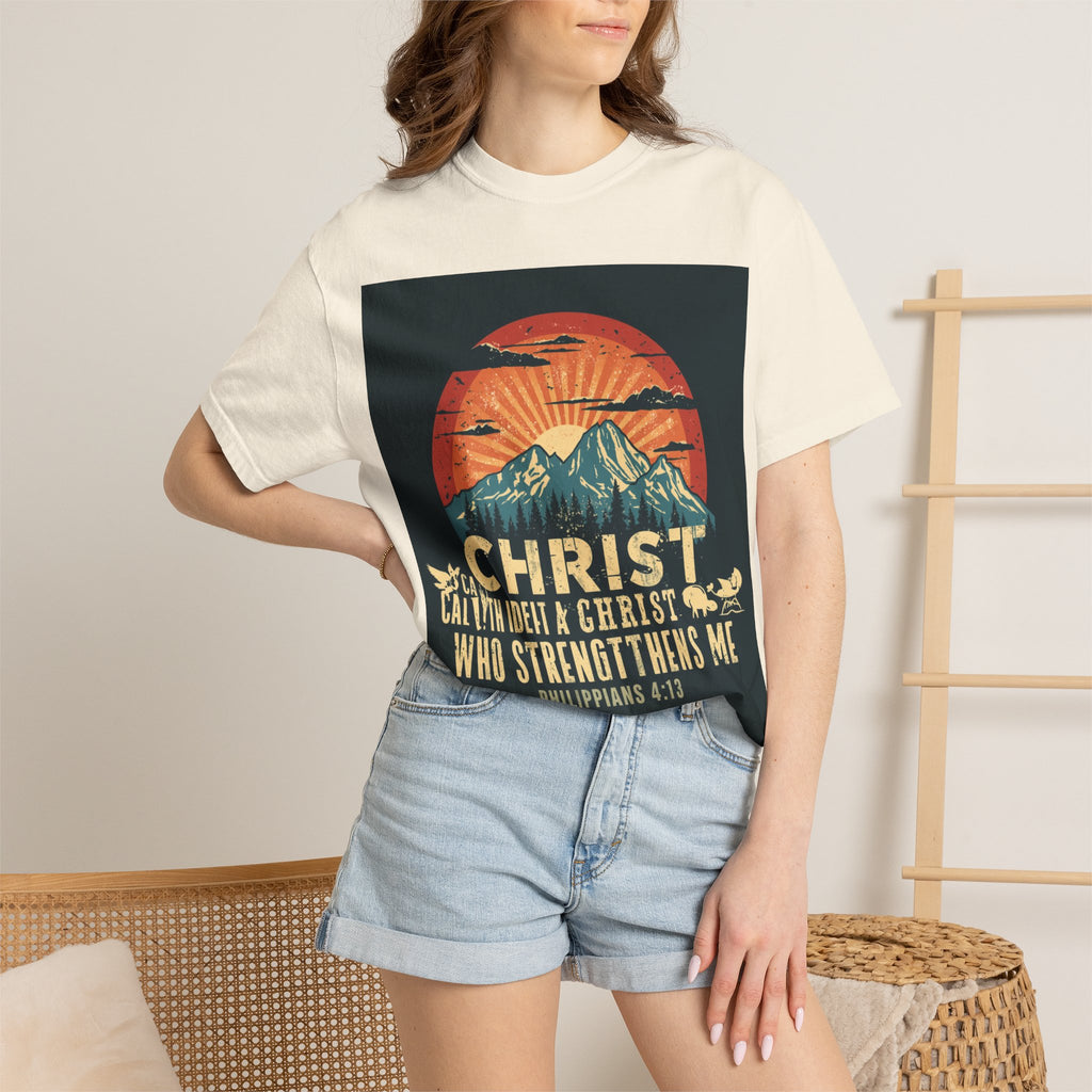 Christian Mountain T-Shirt — "I Can Do All Things Through Christ" Philippians 4:13 Vintage Sunset