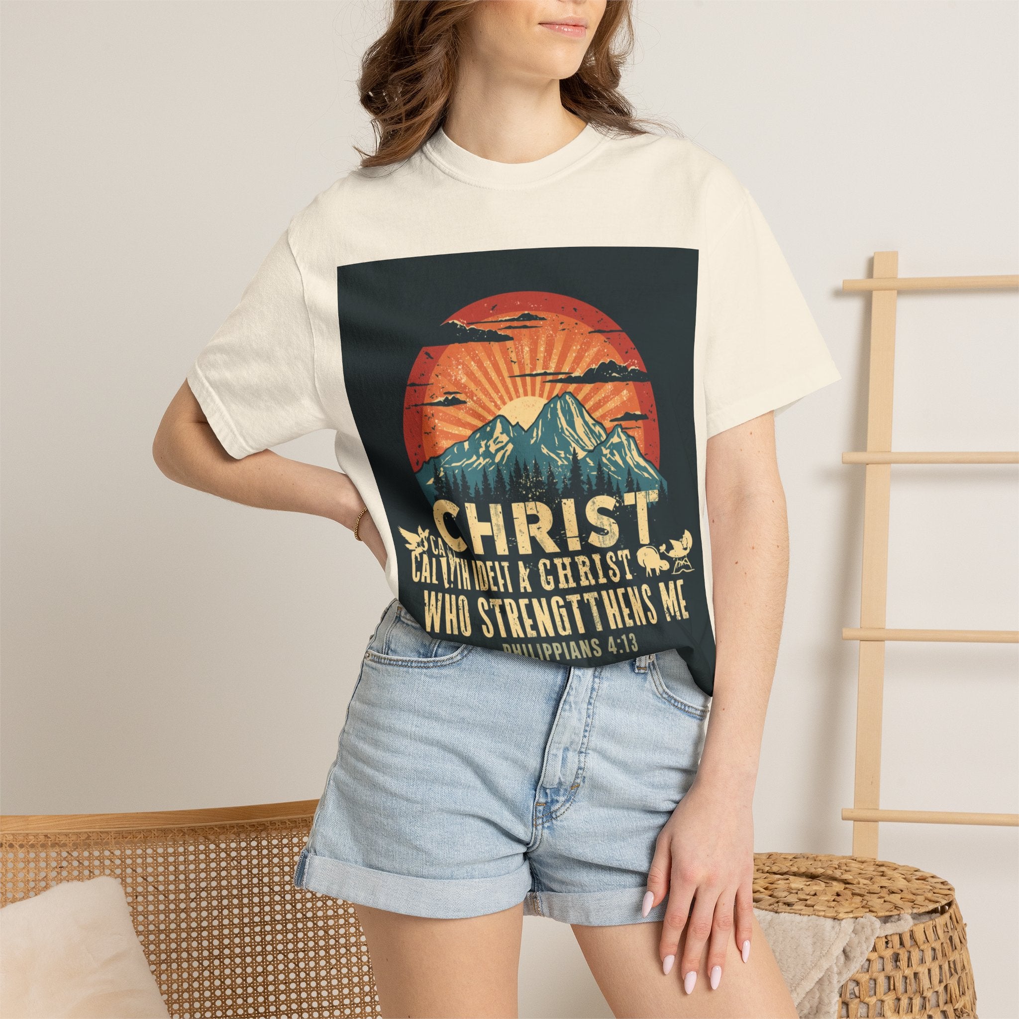 Christian Mountain T-Shirt — "I Can Do All Things Through Christ" Philippians 4:13 Vintage Sunset
