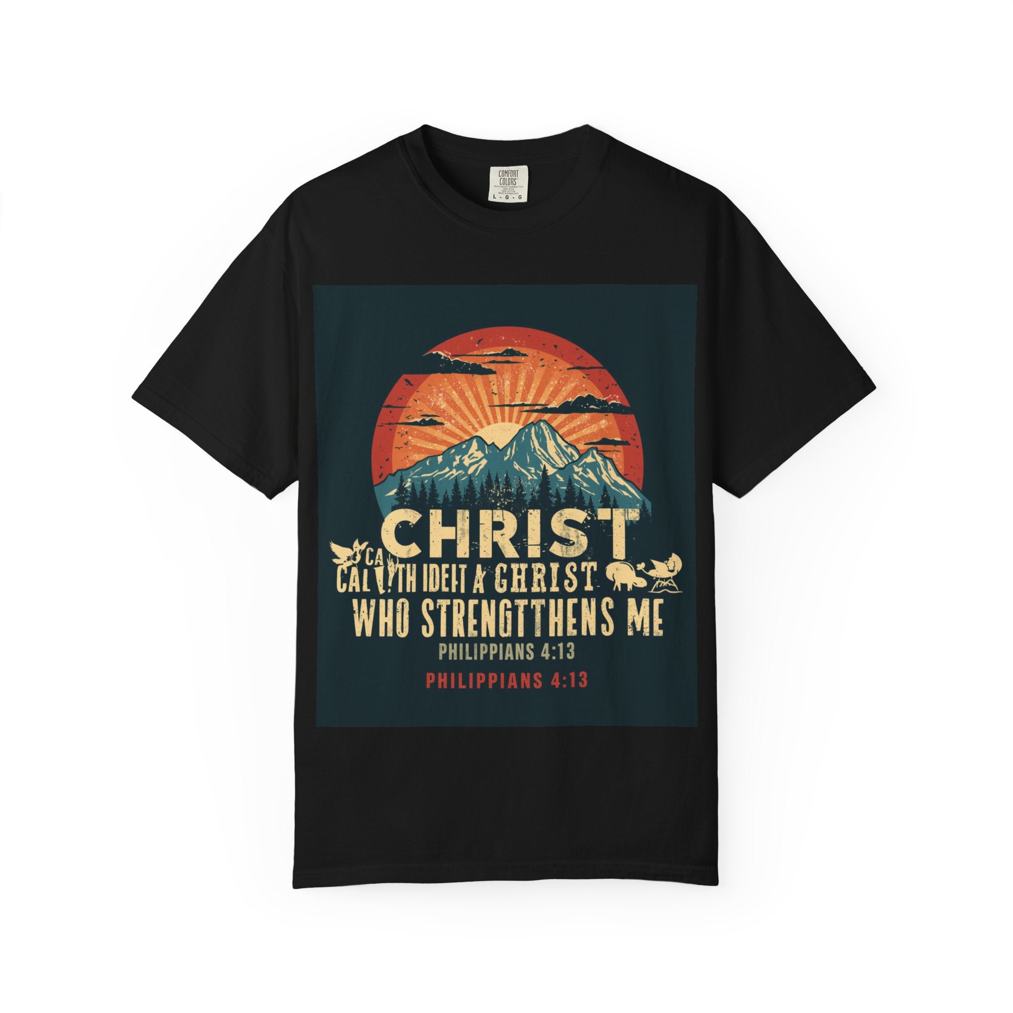 Christian Mountain T-Shirt — "I Can Do All Things Through Christ" Philippians 4:13 Vintage Sunset