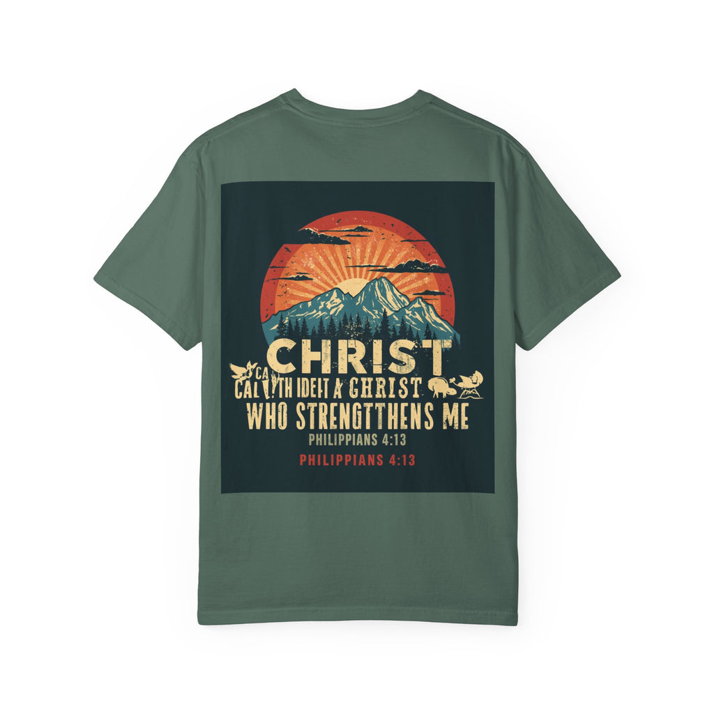 Christian Mountain T-Shirt — "I Can Do All Things Through Christ" Philippians 4:13 Vintage Sunset