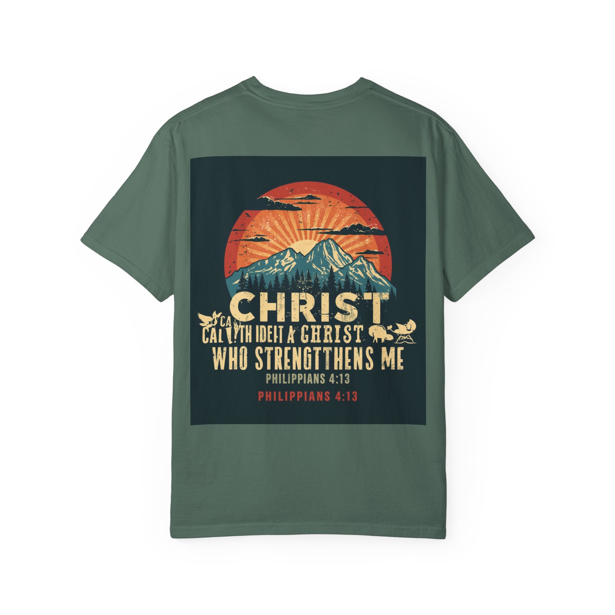 Christian Mountain T-Shirt — "I Can Do All Things Through Christ" Philippians 4:13 Vintage Sunset