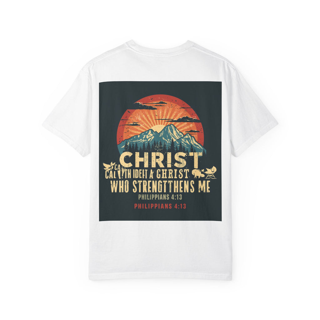 Christian Mountain T-Shirt — "I Can Do All Things Through Christ" Philippians 4:13 Vintage Sunset
