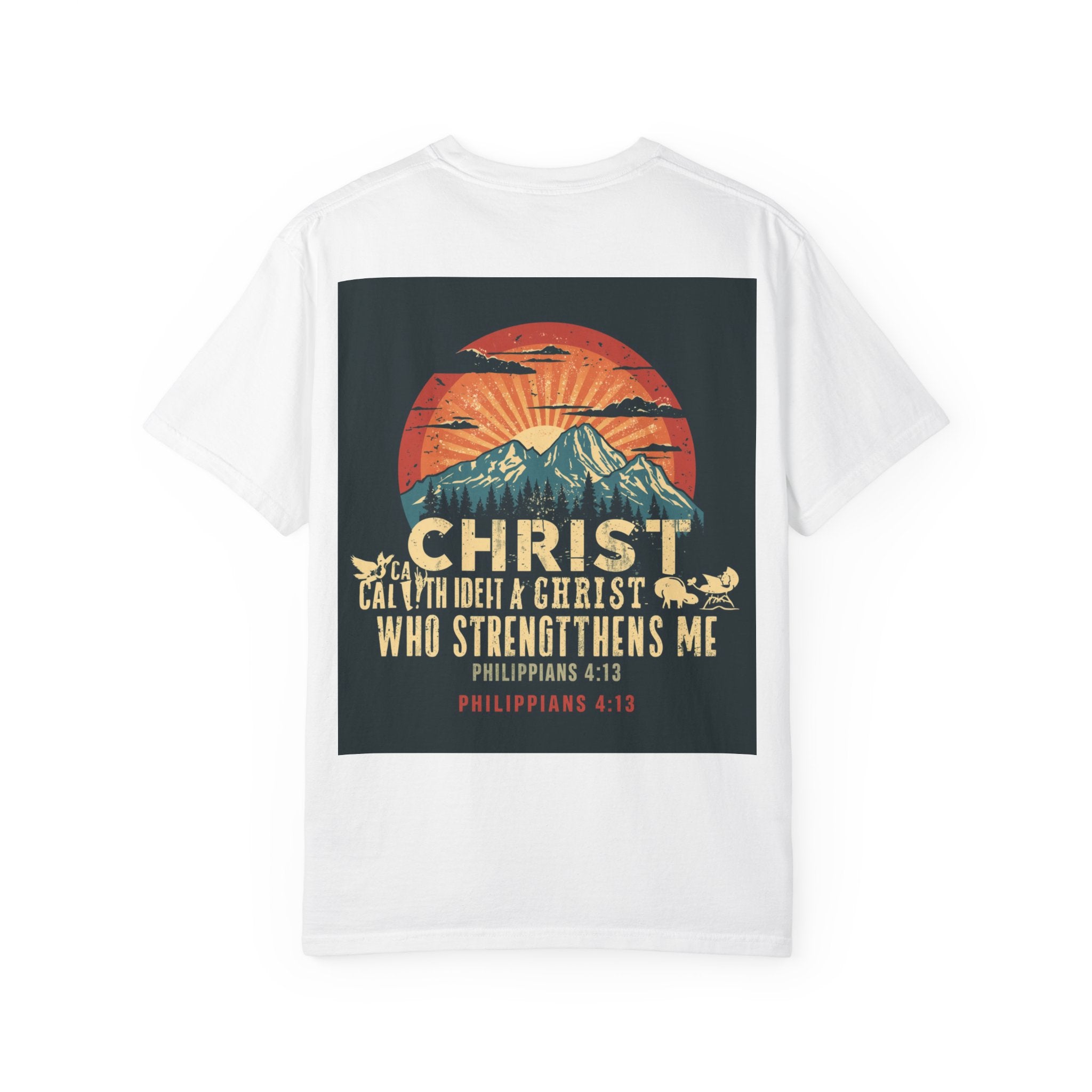 Christian Mountain T-Shirt — "I Can Do All Things Through Christ" Philippians 4:13 Vintage Sunset