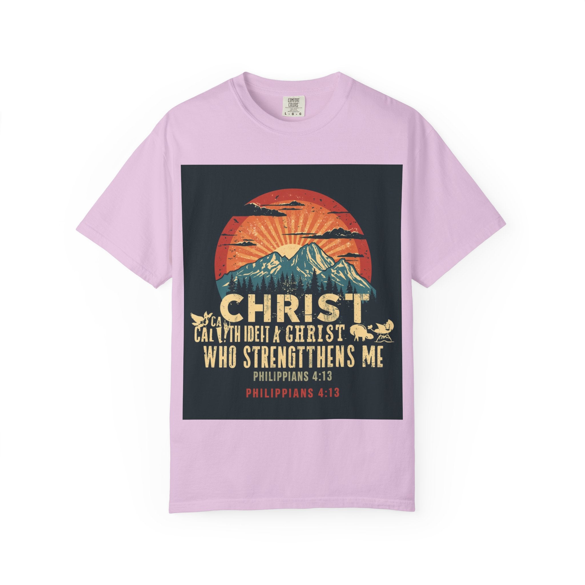 Christian Mountain T-Shirt — "I Can Do All Things Through Christ" Philippians 4:13 Vintage Sunset