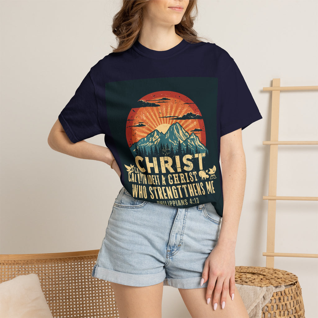 Christian Mountain T-Shirt — "I Can Do All Things Through Christ" Philippians 4:13 Vintage Sunset