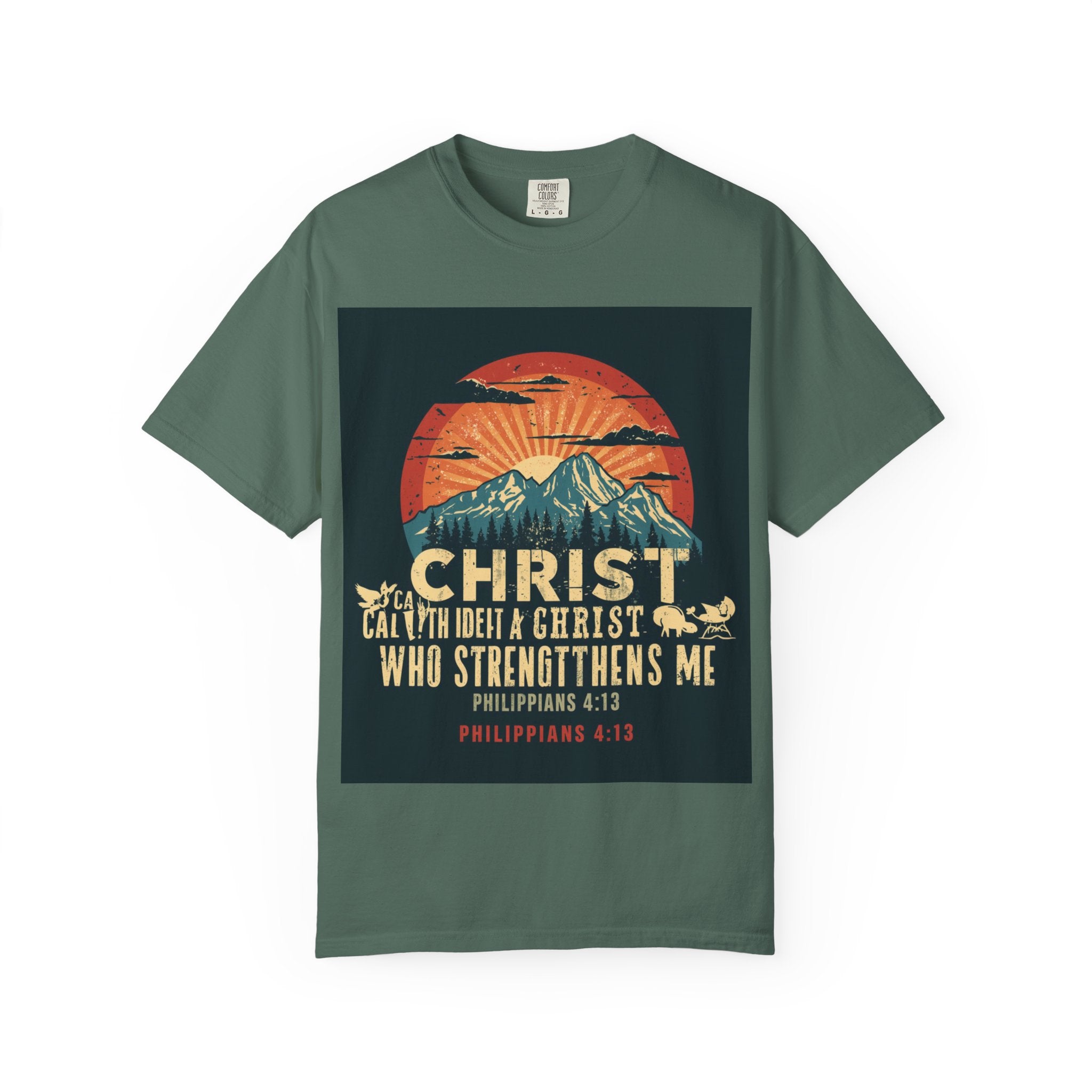 Christian Mountain T-Shirt — "I Can Do All Things Through Christ" Philippians 4:13 Vintage Sunset
