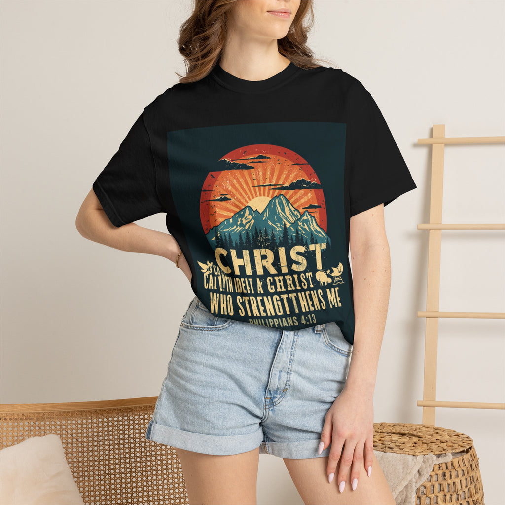 Christian Mountain T-Shirt — "I Can Do All Things Through Christ" Philippians 4:13 Vintage Sunset