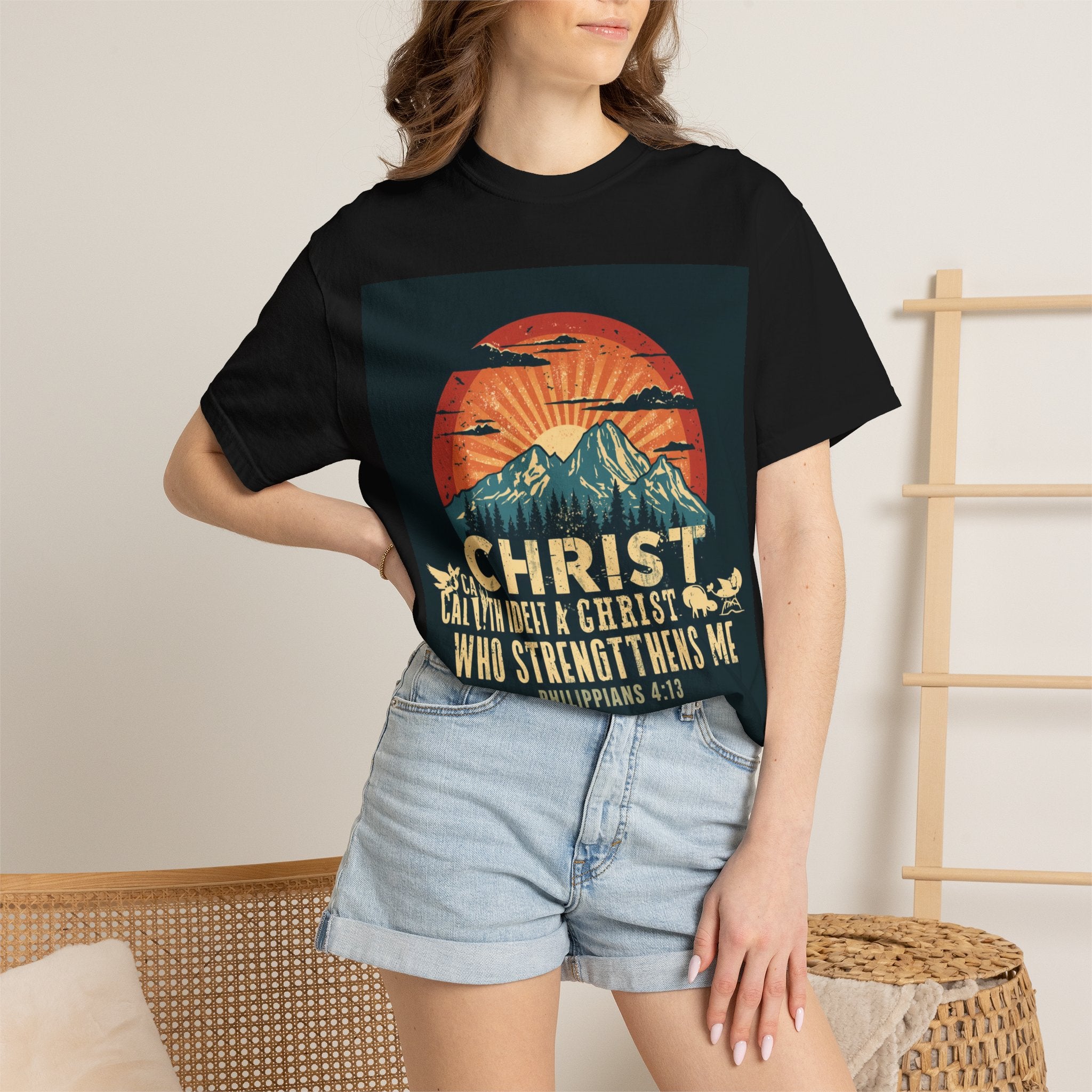 Christian Mountain T-Shirt — "I Can Do All Things Through Christ" Philippians 4:13 Vintage Sunset