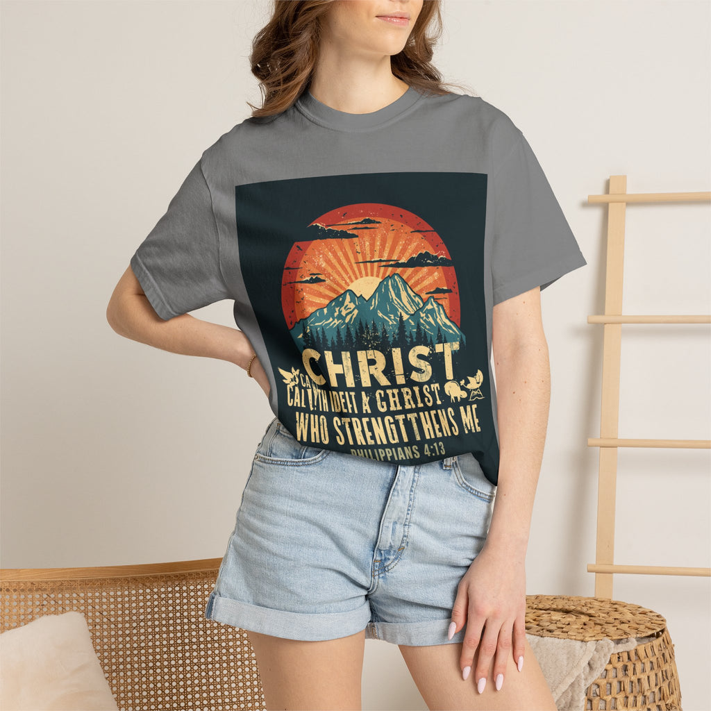 Christian Mountain T-Shirt — "I Can Do All Things Through Christ" Philippians 4:13 Vintage Sunset