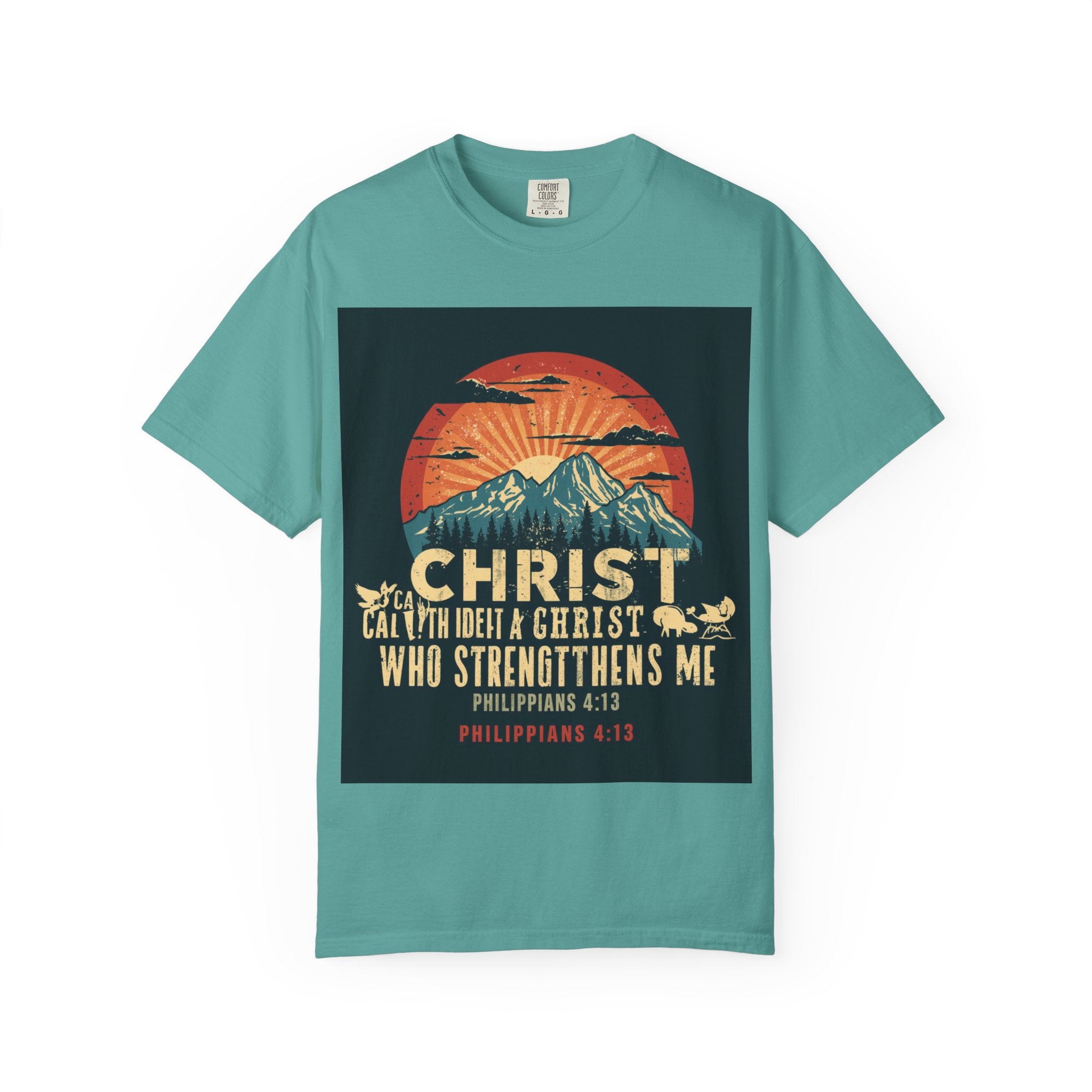 Christian Mountain T-Shirt — "I Can Do All Things Through Christ" Philippians 4:13 Vintage Sunset