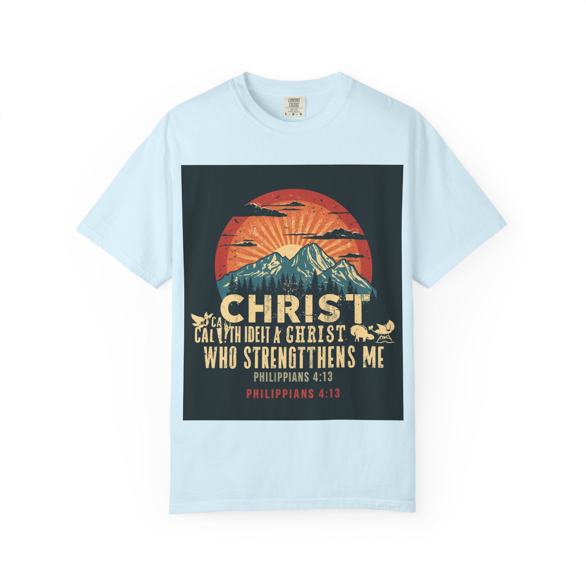 Christian Mountain T-Shirt — "I Can Do All Things Through Christ" Philippians 4:13 Vintage Sunset