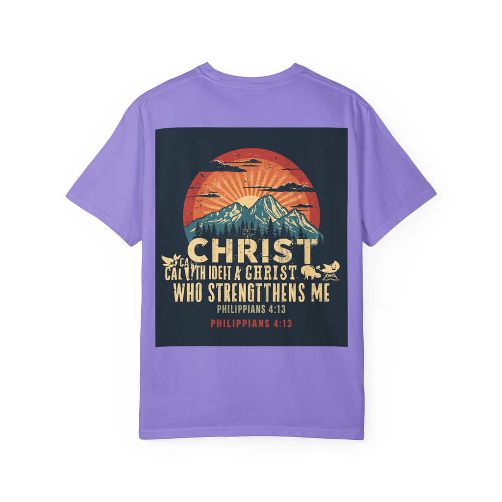 Christian Mountain T-Shirt — "I Can Do All Things Through Christ" Philippians 4:13 Vintage Sunset
