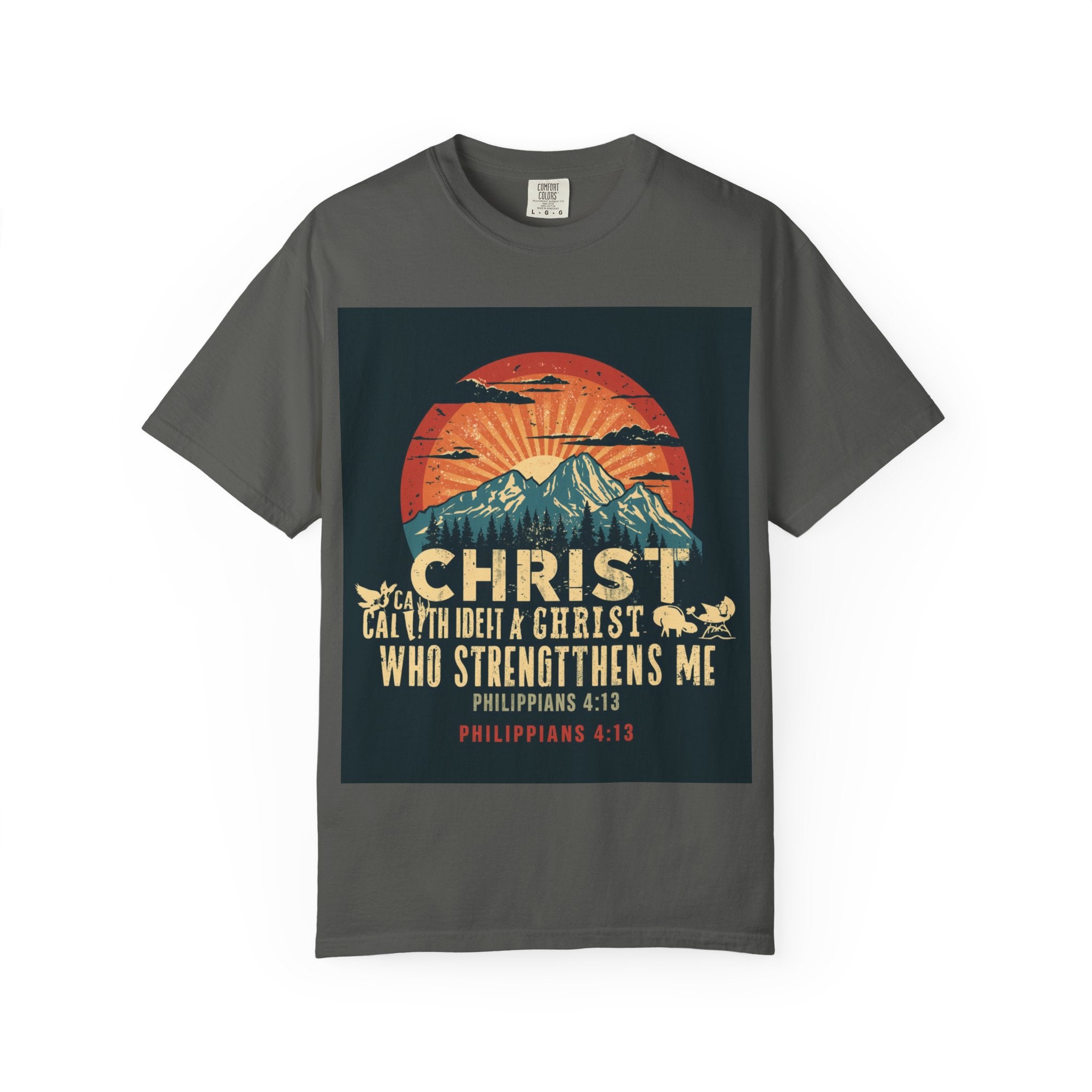 Christian Mountain T-Shirt — "I Can Do All Things Through Christ" Philippians 4:13 Vintage Sunset