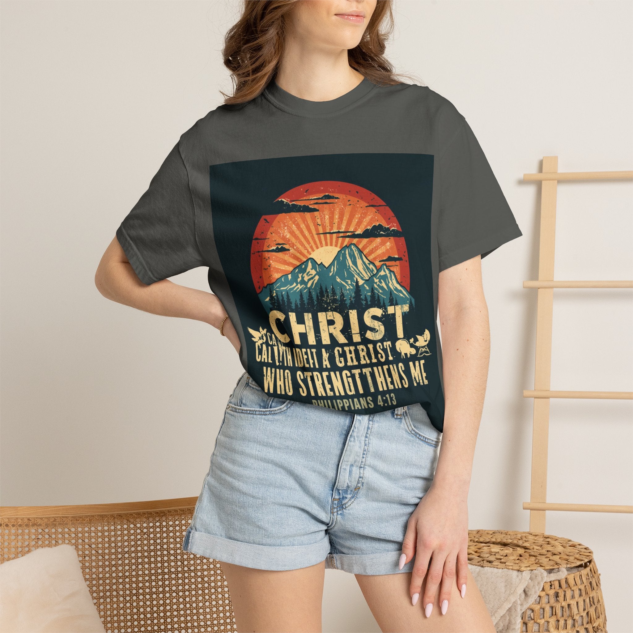Christian Mountain T-Shirt — "I Can Do All Things Through Christ" Philippians 4:13 Vintage Sunset